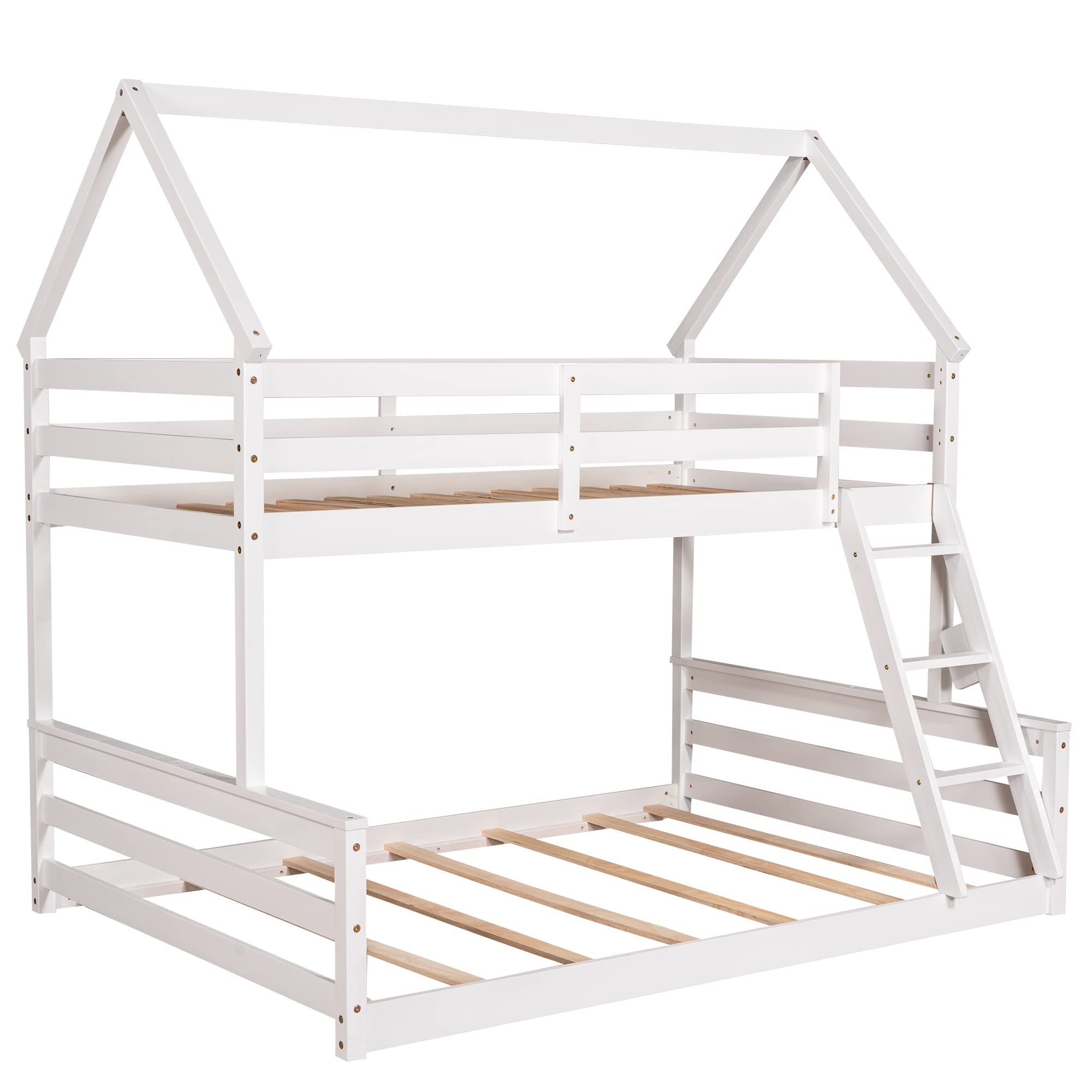 Low Bunk Bed Twin Over Full with Built-in Ladder - Sturdy Wooden Bunk Bed Frame for Kids & Teens - Space-Saving Bedroom Furniture for Small Rooms & Shared Kids' Rooms - White