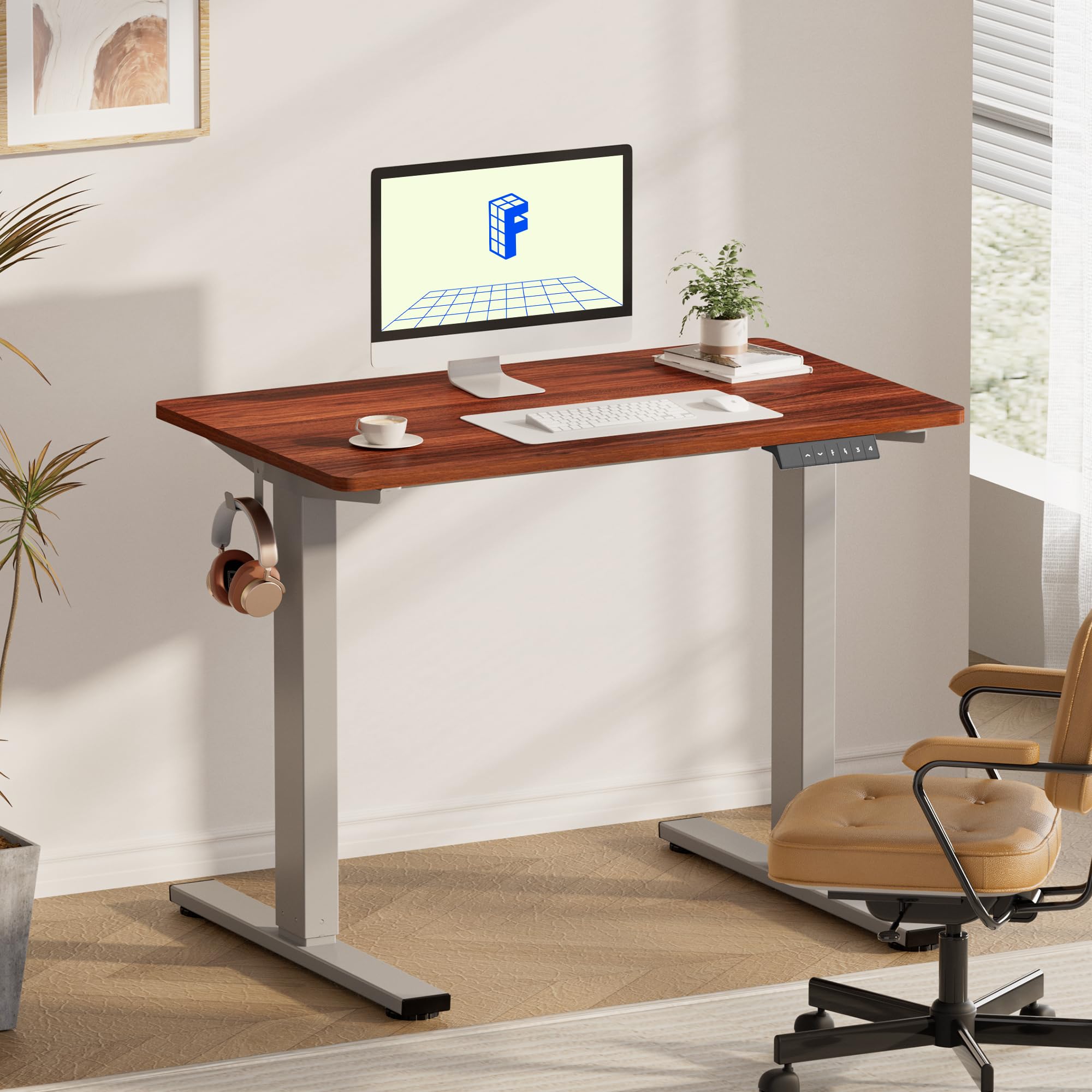 FLEXISPOT EN1 Electric Height Adjustable Standing Desk - 40 x 24 Inches One-Piece Seamless Desktop (Silver Frame & Mahogany Top) for Home Office, Gaming & Workspace Ergonomics - 2 Packages Included