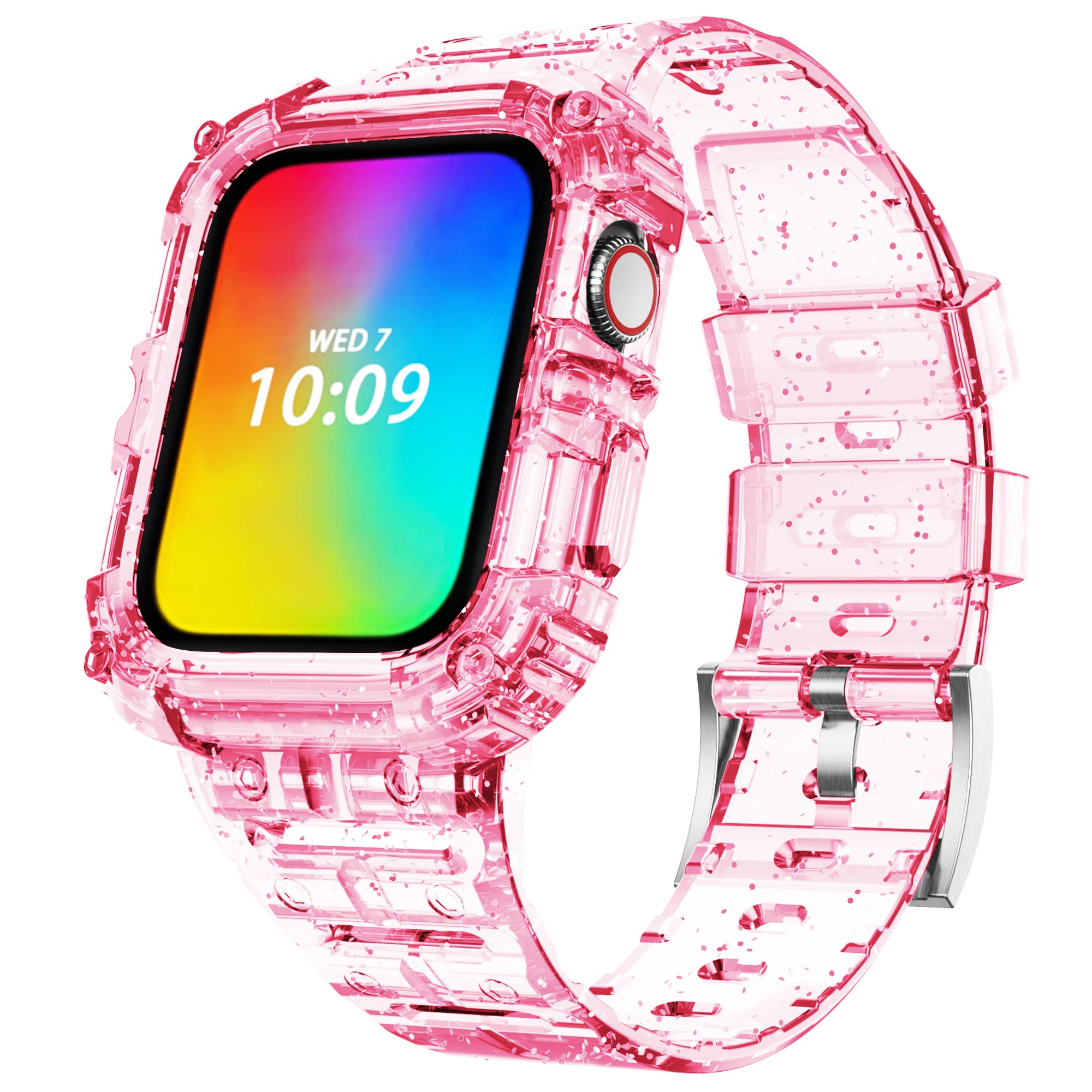 ABELTA Clear Crystal Protective Band with Bumper Case for Apple Watch 42mm 44mm 45mm - Durable Sport Strap Compatible with iWatch Series 8/7/6/5/4/3/2/1/SE - Glistening Pink - Perfect for Gym, Running & Everyday Wear