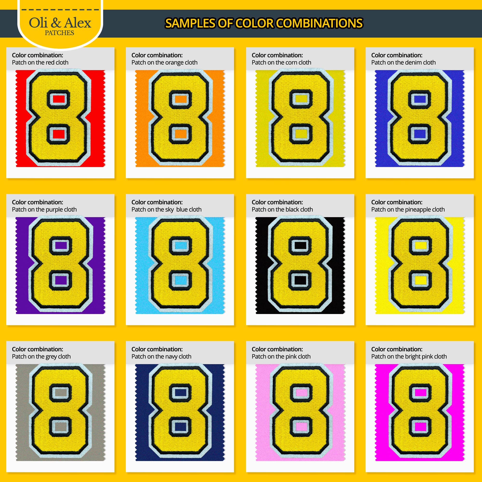 Yellow Iron On Patches - 8 Number Embroidered Applique for Clothes Repair & Decoration - No Sew Fabric Transfer - Super Glue Included | Perfect for DIY Jackets, Jeans, Backpacks & Costume Customization