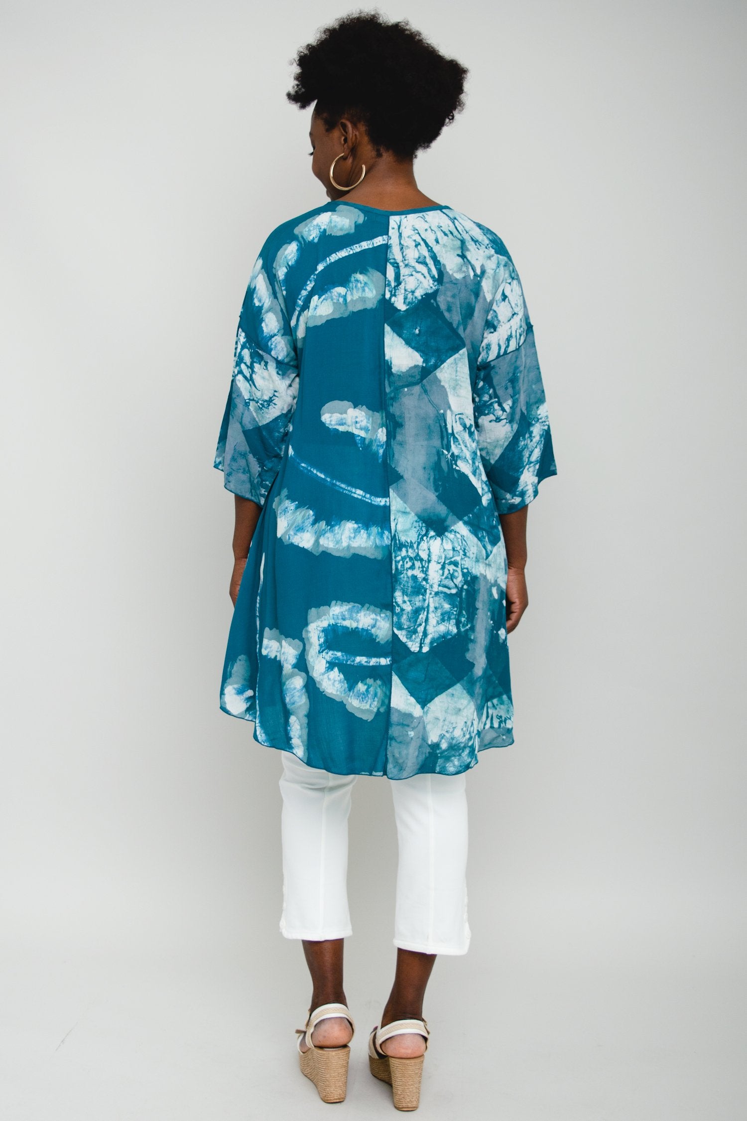 Gayle Top - Teal Mist Batik Art Print Women's Blouse for Casual Wear & Boho Style Outfits