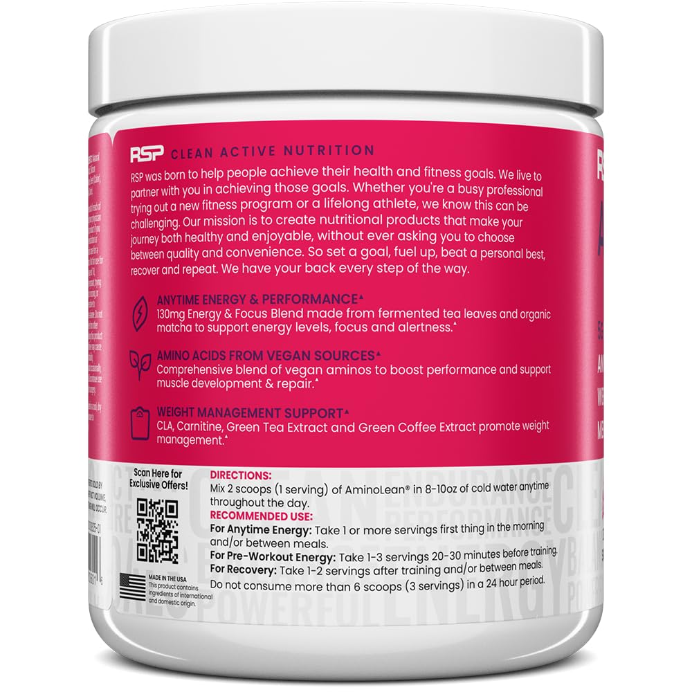 RSP NUTRITION AminoLean Pre Workout Powder - Vegan BCAA Amino Acids with Natural Caffeine for Energy & Weight Management | Preworkout Boost for Men & Women | 30 Servings | Perfect for Gym, Running & Fitness Training