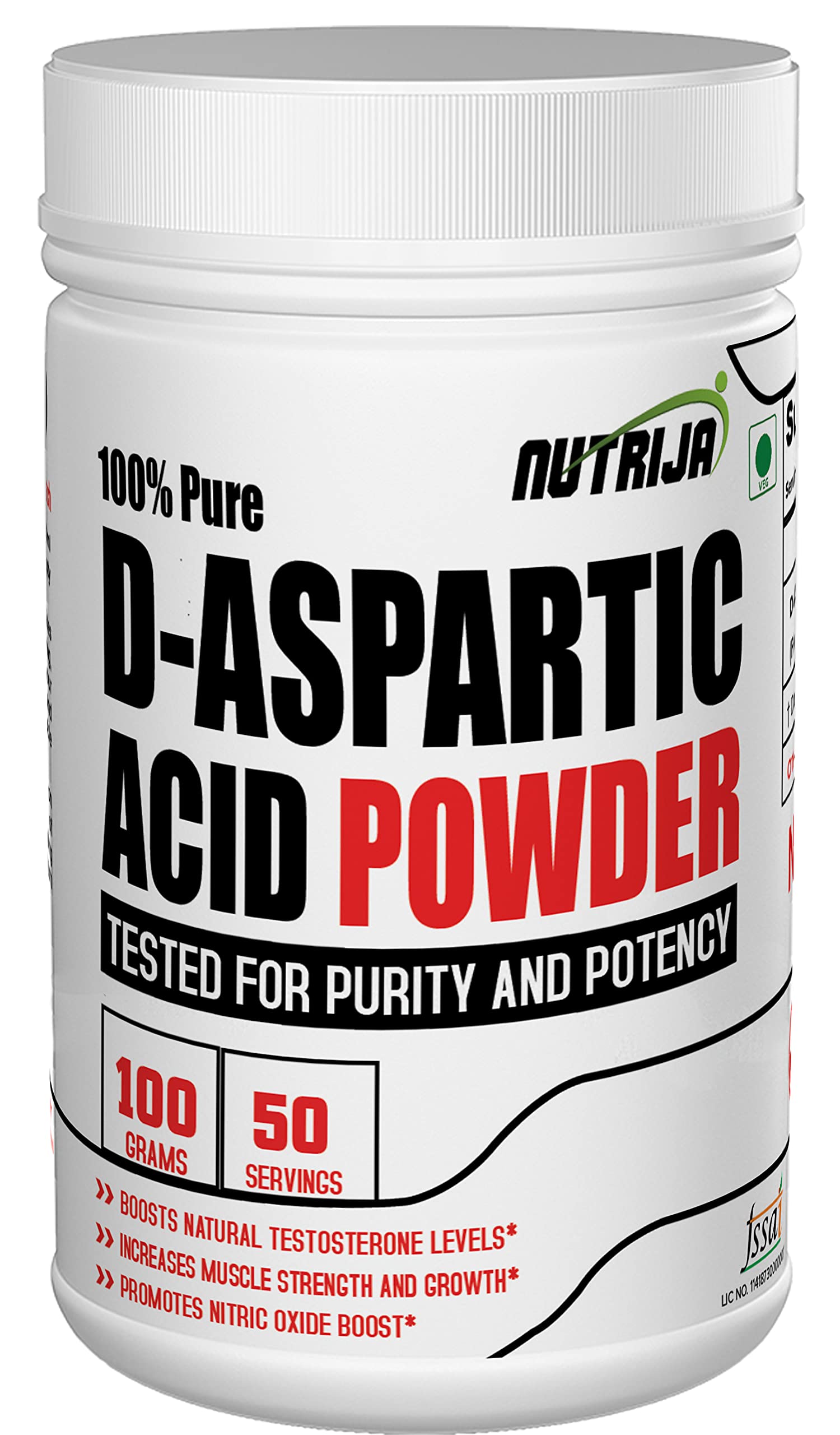 Nutrija D-Aspartic Acid Powder - 100g Pure DAA Supplement for Muscle Growth, Testosterone Booster & Workout Recovery | Gym, Bodybuilding & Fitness Performance Enhancer