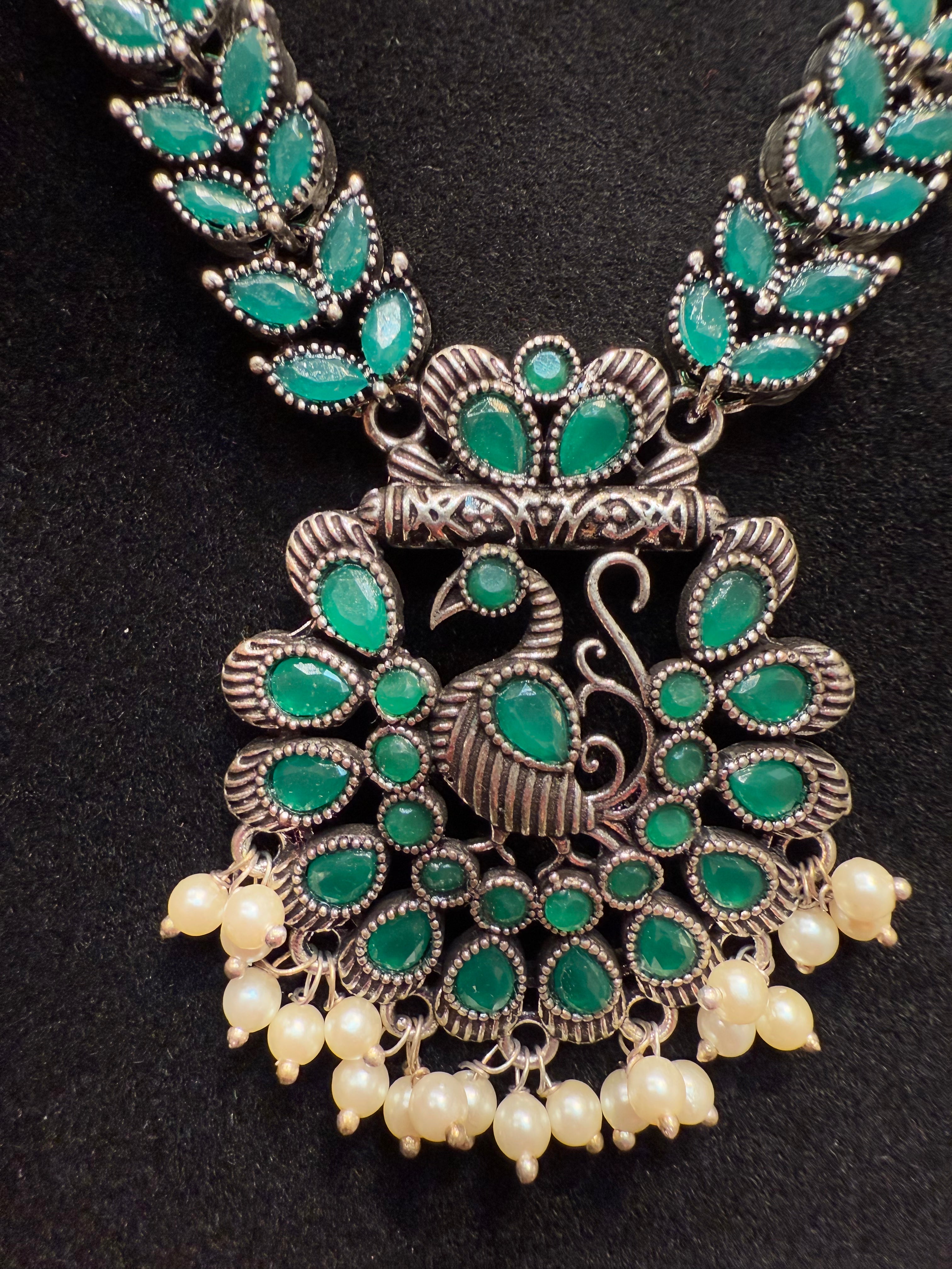 Elegant Peacock Design Oxidized Necklace & Earrings Set in Green - Perfect for Weddings, Parties & Boho Fashion