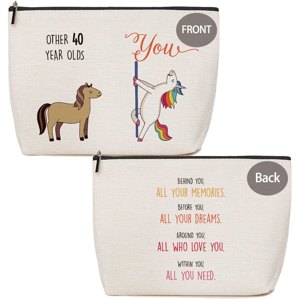 **40th Birthday Gifts for Women - Funny Unicorn Makeup Bag for Bestie, Mom, Wife, Sister, Aunt, Coworker - Milestone Birthday Gift for Her - Waterproof Travel Pouch with Zipper - Perfect for Travel, Spa, and Everyday Use**