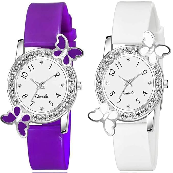 KE GALLERY 2-Pack Quartz Analog Butterfly Diamond Dial Women's & Girls' Watches - Elegant Gift for Her, Birthday, Anniversary & Special Occasions
