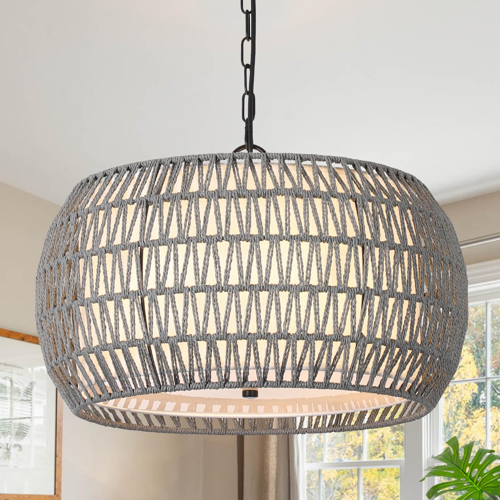 Farmhouse Chandelier Light Fixtures - 5-Light Rattan Woven Boho Pendant Light with Fabric Shade, Rustic Hanging Chandelier for Dining Room, Kitchen Island & Farmhouse Decor - Grey - Perfect for Boho, Coastal & Cottage Style Homes