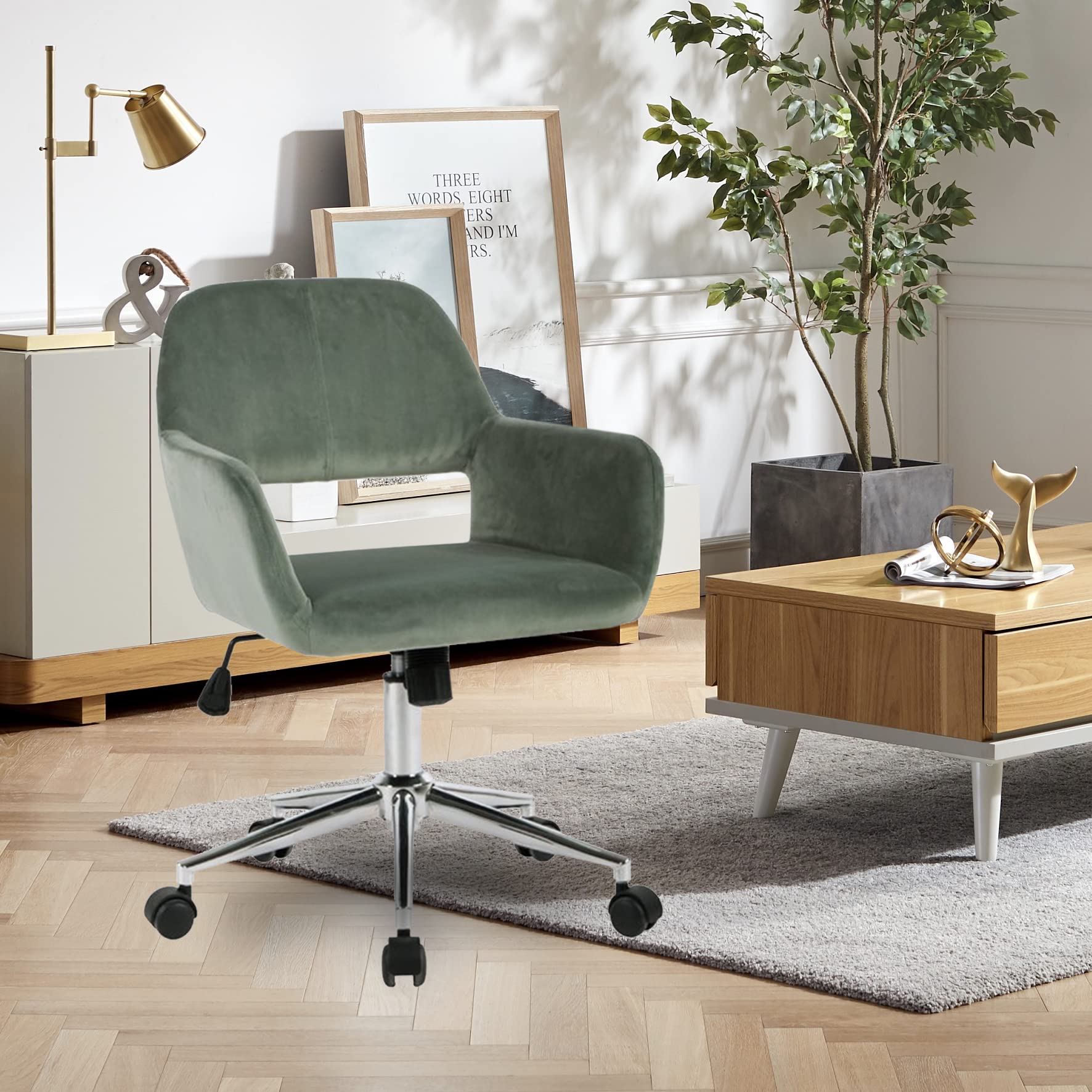 HomVent Velvet Swivel Desk Chair with Cute Hollow Mid-Back - Ergonomic Upholstered Task Chair for Office, Living Room, Vanity & Makeup Room - Perfect for Home Office, Gaming & Study Spaces