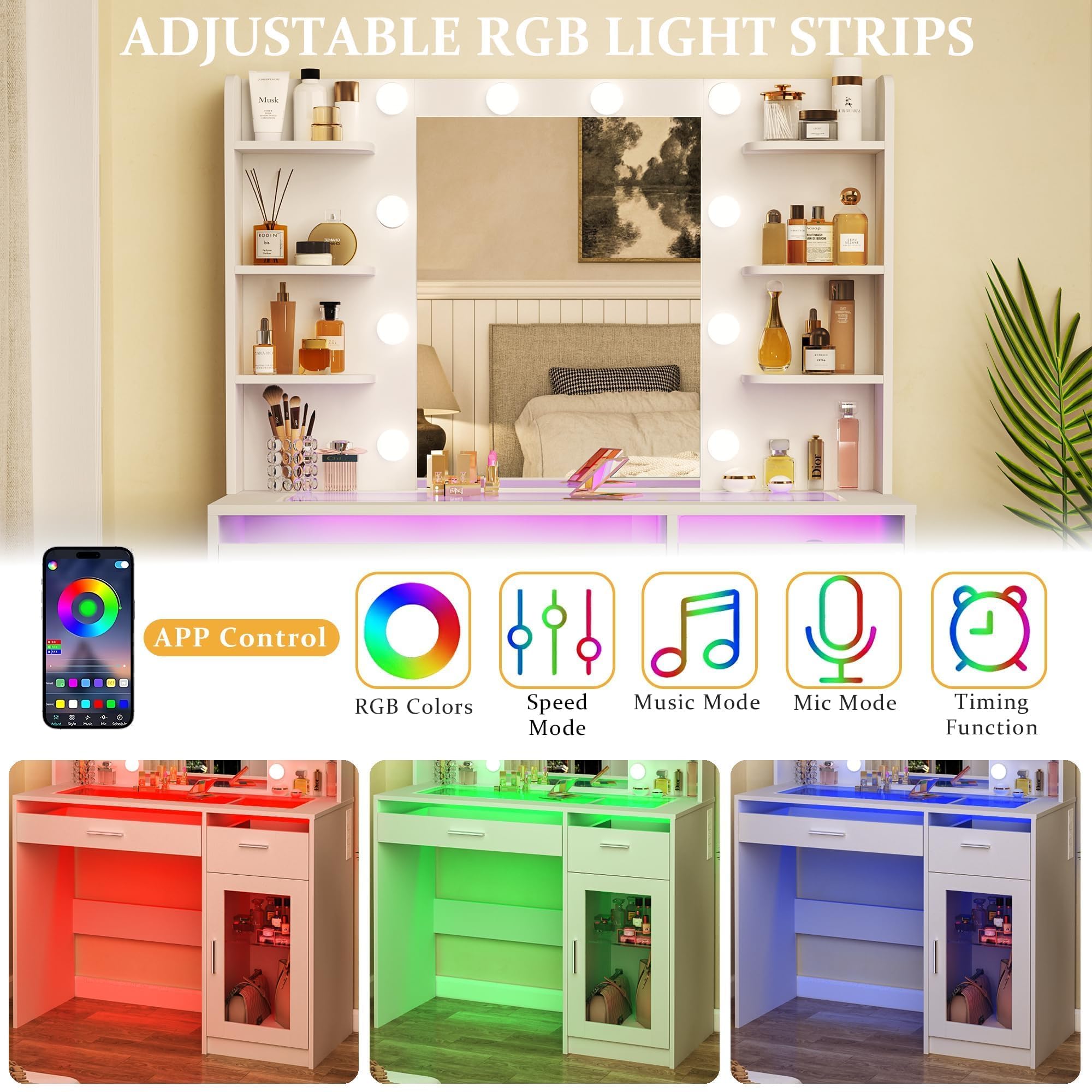 Vanity Desk with Mirror and LED Lights - 3 Color Adjustable Makeup Vanity Table with Transparent Top, 2 RGB Drawers & 6 Shelves - Large Tempered Glass Cabinet with Power Outlet - Perfect for Bedroom, Dressing Room or Beauty Studio (White)