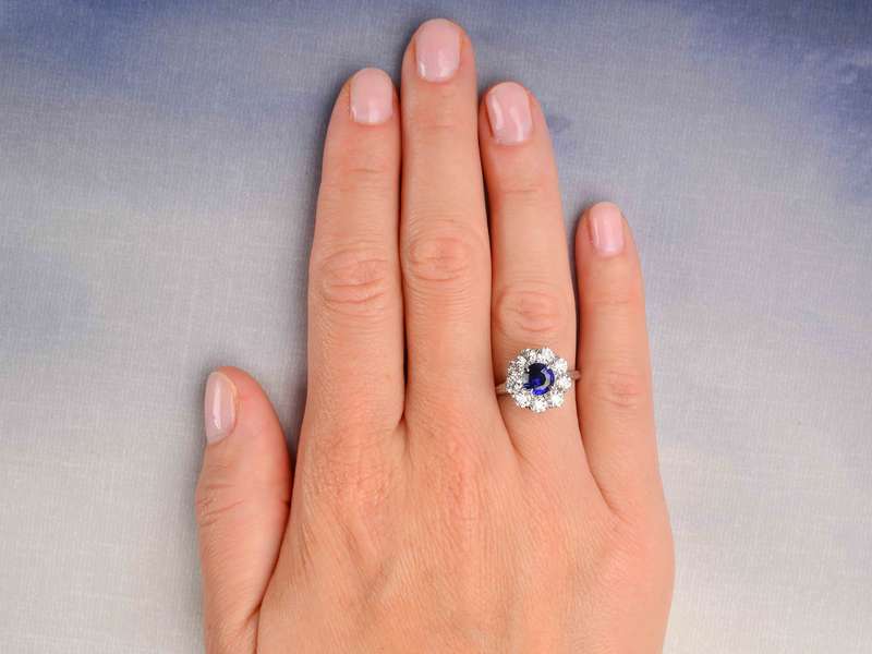 Vintage 1930s Diamond and Sapphire Halo Engagement Ring - Antique Jewelry for Women, Wedding, Anniversary & Special Occasions
