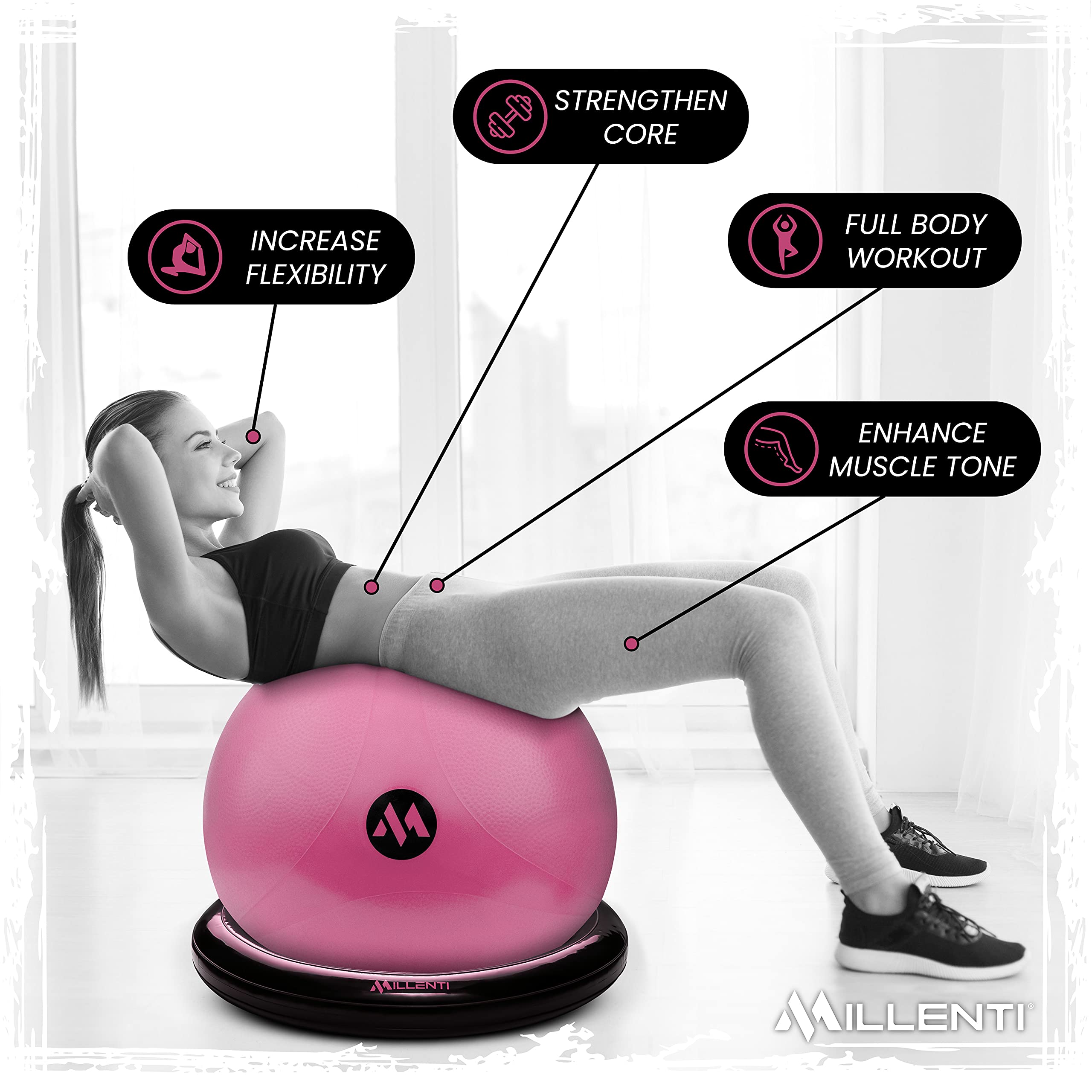 Millenti 65cm Exercise Ball Chair with Stability Base Ring Kit & Fitness Resistance Bands - Yoga, Pilates, Home Gym, Office Chair, Pregnancy Birthing Ball - Includes Workout Chart for Home Fitness and Office Ergonomic Support