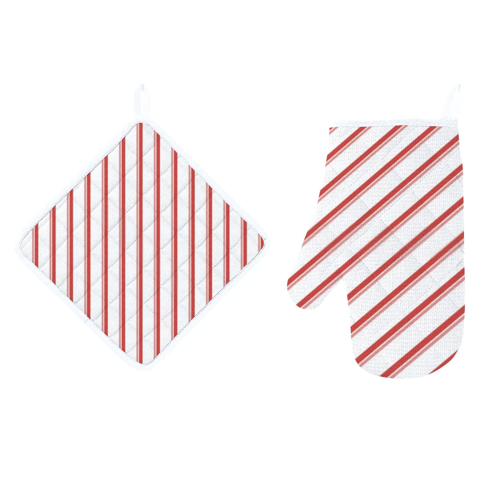 Heat Resistant Oven Mitts and Pot Holders Set - 2 Pcs Soft Cotton Lined Kitchen Gloves with Non-Slip Grip, Abstract Striped Pattern in White Red Pink - Perfect for Cooking, Baking, Grilling, BBQ and Hot Food Handling
