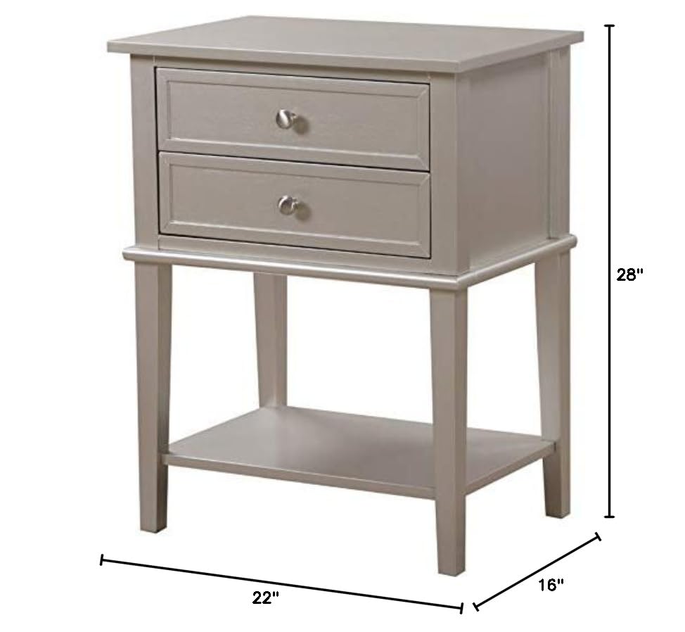 Pemberly Row Contemporary Solid Wood 2 Drawer Nightstand in Silver Champagne - Modern Bedside Table for Bedroom, Living Room & Guest Room