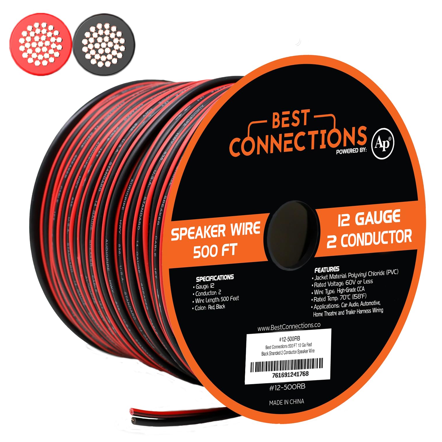 AUDIOPIPE 12 Gauge 500ft Speaker Wire - Red & Black Primary Bonded Stranded Cable for Car Audio, Home Theater, Trailer Wiring | Durable Oxygen-Free Copper for Clear Sound in Automotive & Home Entertainment Systems