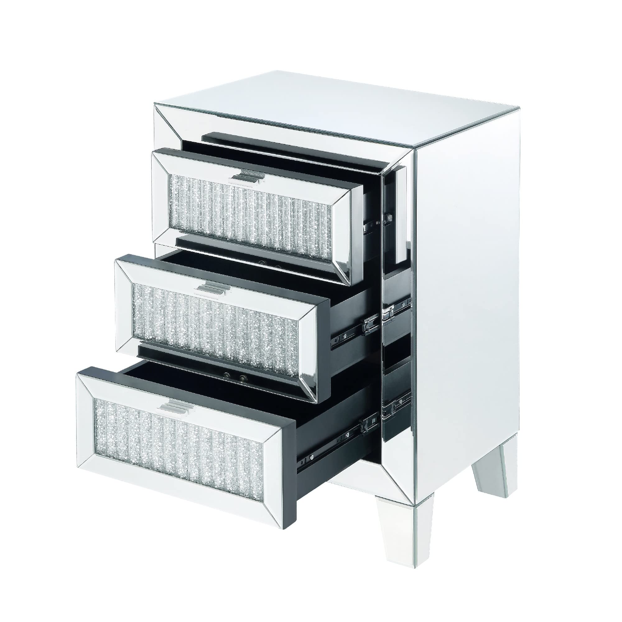 Benjara Modern Wooden Mirrored Nightstand with 3 Drawers in Silver Finish - Perfect for Bedroom, Guest Room, or Vanity Dressing Table