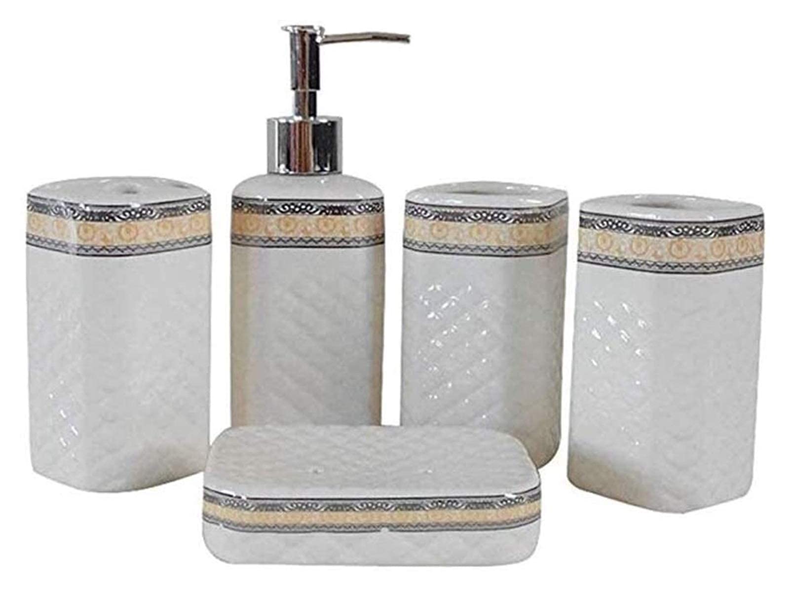 Premium 5-Piece Ceramic Bathroom Accessory Set - Soap Dispenser, Toothbrush Holder, Cup & Soap Dish | Elegant Hotel-Style Decor for Home, Guest Bathroom & Spa | Durable & Stylish Organization Solution