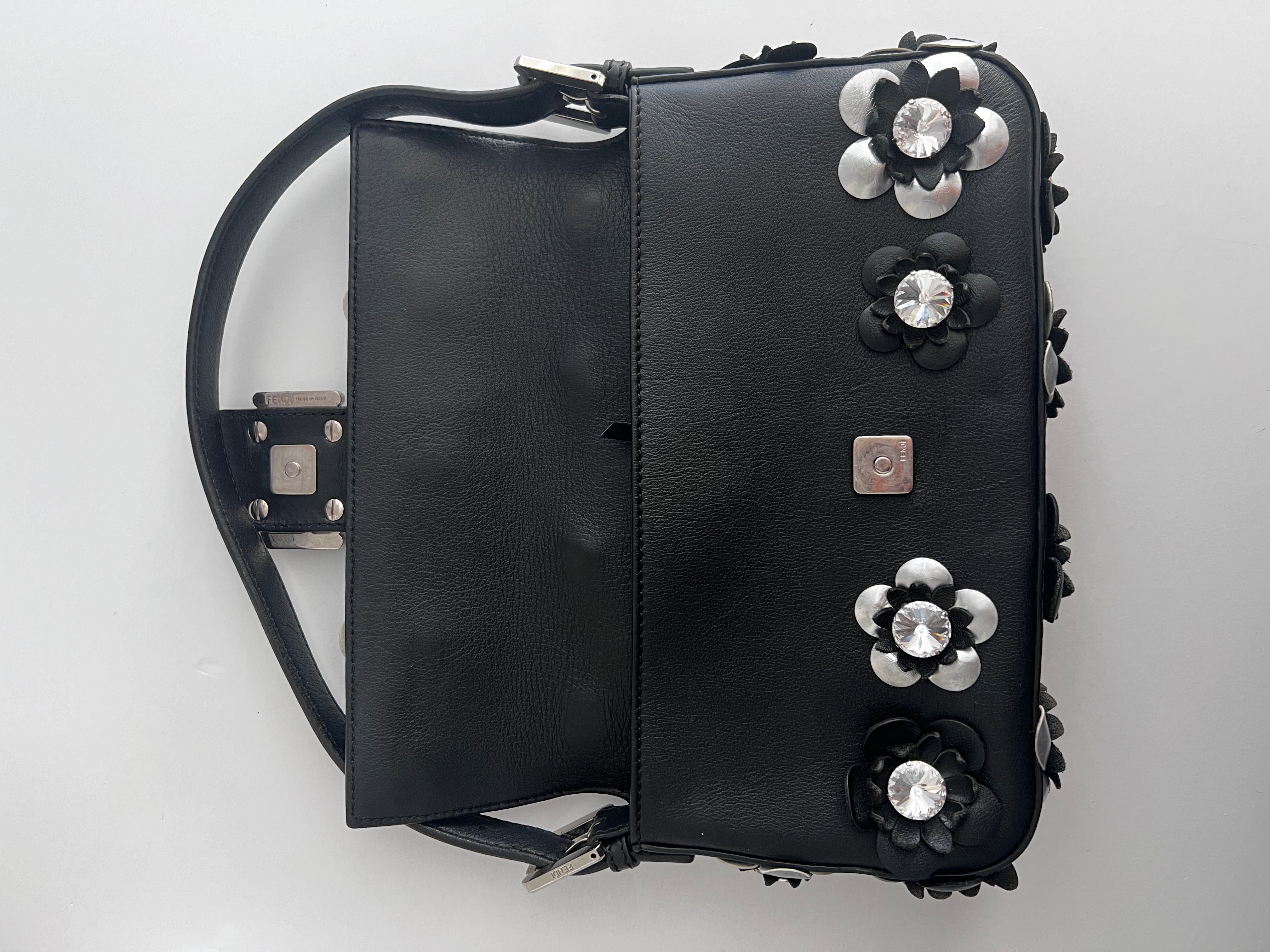 Fendi 3D Floral Black Leather Baguette Handbag - Elegant Crossbody Purse for Women, Perfect for Parties, Dates & Evening Events