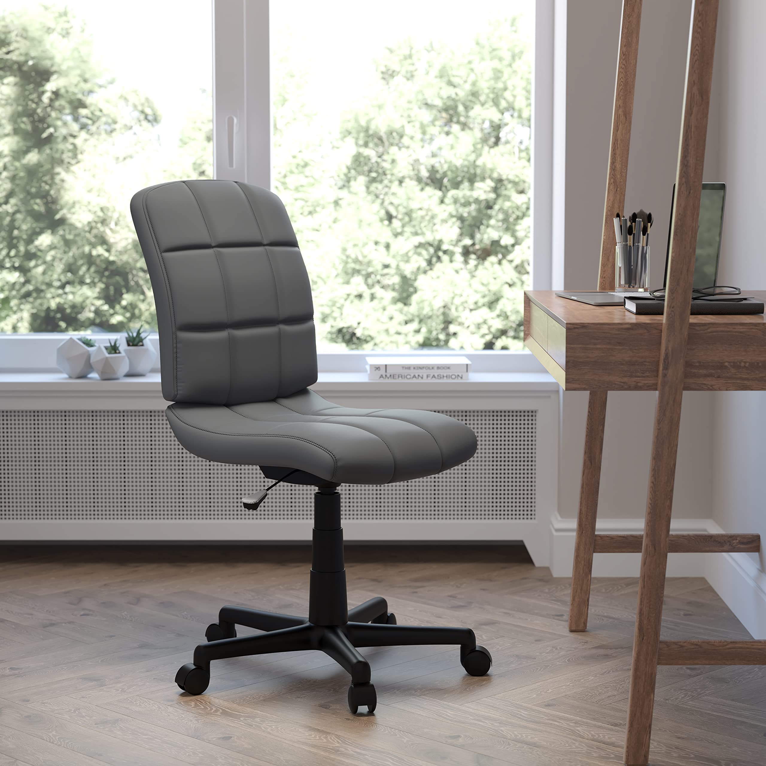Emma & Oliver Mid-Back Gray Quilted Vinyl Swivel Office Chair - Ergonomic Task Chair for Home Office, Computer Desk & Workspace - Comfortable Work from Home Chair for Long Hours