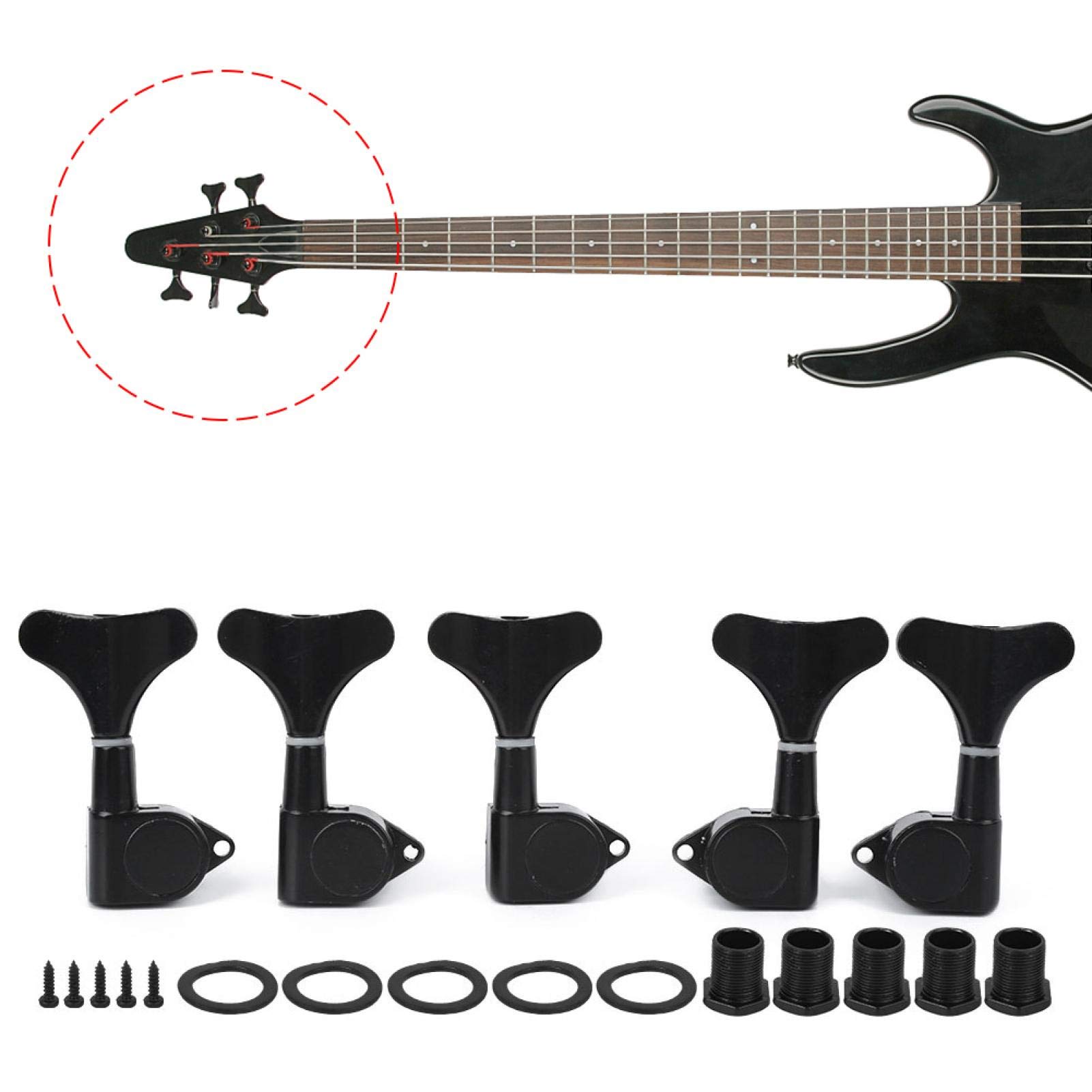 Demeras Alloy 5-String Bass Tuners - Precision Tuning Pegs for Bass Guitar (Black) | Perfect for Beginners & Professional Musicians | Ideal for Live Performances, Studio Recording & Practice Sessions