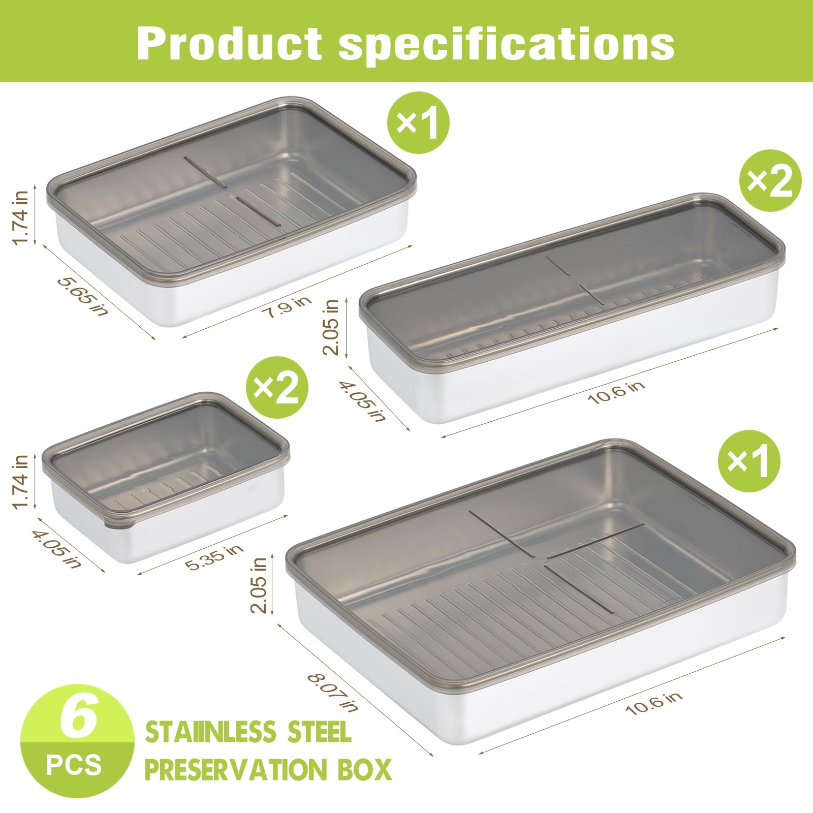 304 Stainless Steel Airtight Bacon & Cheese Storage Container Set - Multi-Size Refrigerator Organizer for Deli Meats, Leftovers & Food Prep | Perfect for Home Kitchen, Travel Lunch, Work Meal Prep & Party Snacks (6-Piece Set)