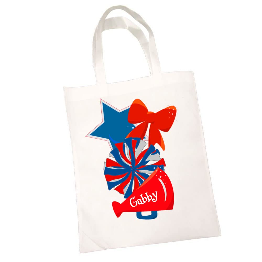 Cheerleader Sports Tote Bag - Red & Blue Pom Pom Design for Shoes, Snacks & Travel | Reusable Gym Bag with Custom Name Personalization | Perfect for Cheer Practice, School & Sports Events