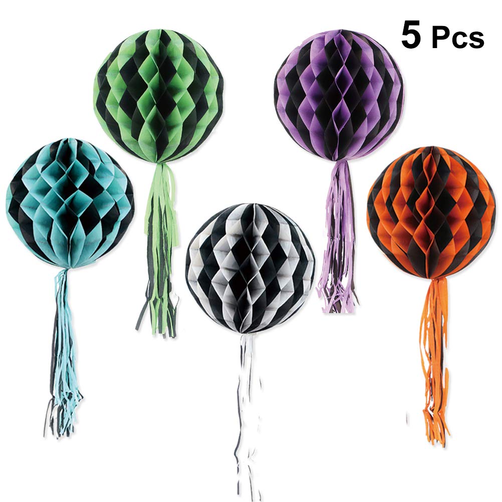 ABOOFAN 5pcs Halloween Tassel Paper Lanterns - Tissue Paper Pom Pom Honeycomb Balls for Party Decorations - Perfect for Halloween, Birthday Parties & Home Decor