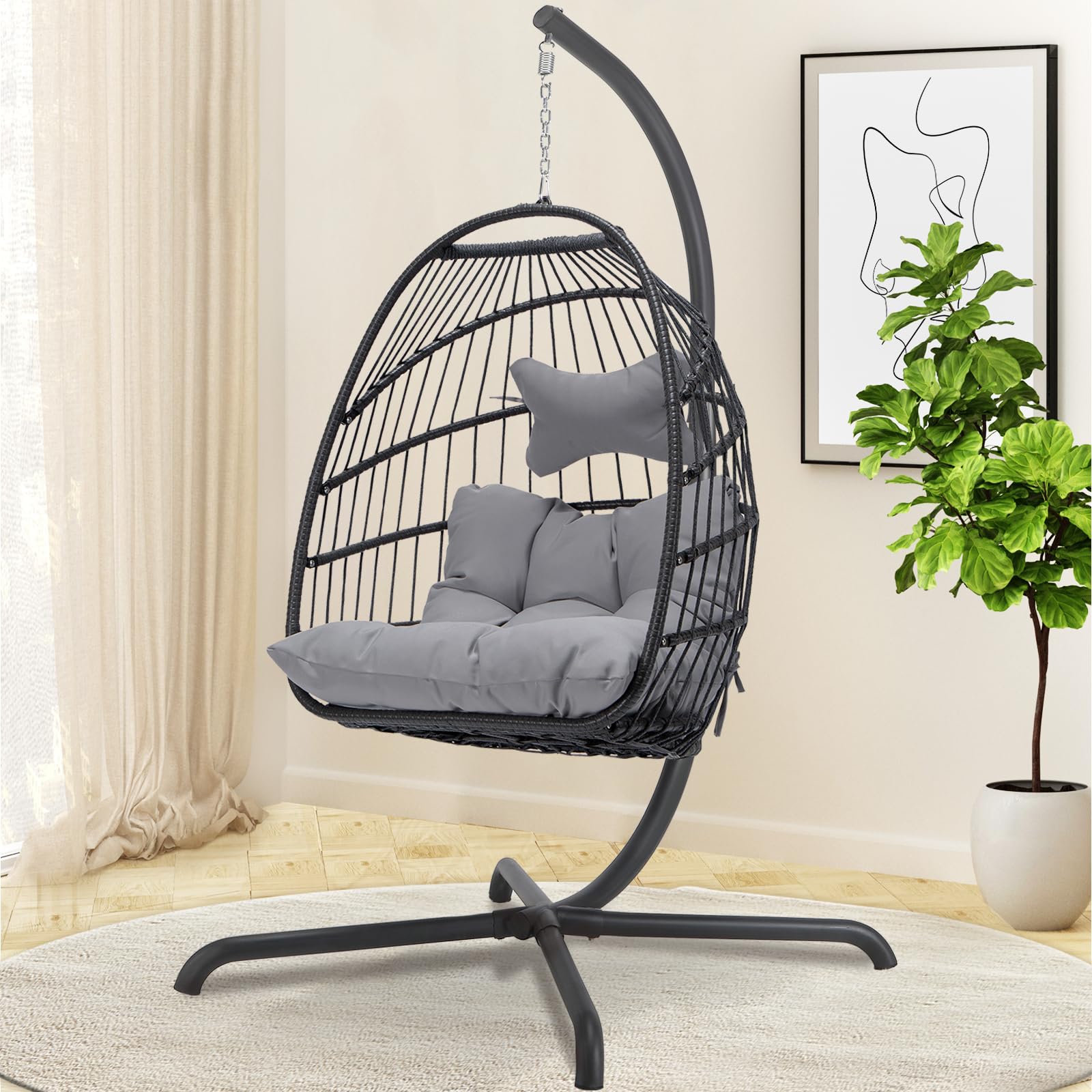 BULEXYARD Swing Egg Chair with Stand - Indoor/Outdoor Wicker Rattan Hanging Chair with UV Resistant Cushions, 350lbs Weight Capacity - Perfect for Bedroom, Balcony, Patio, Garden & Backyard Relaxation (1 Seat, Light Grey)