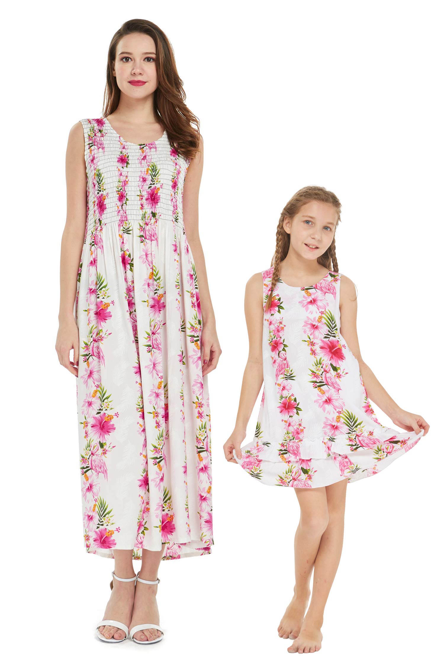 **Mother Daughter Matching Hawaiian Luau Maxi Dresses - Floral Print Tank Ruffle Beach Dress Set in Light Blue | Perfect for Family Vacations, Beach Parties & Summer Photoshoots**