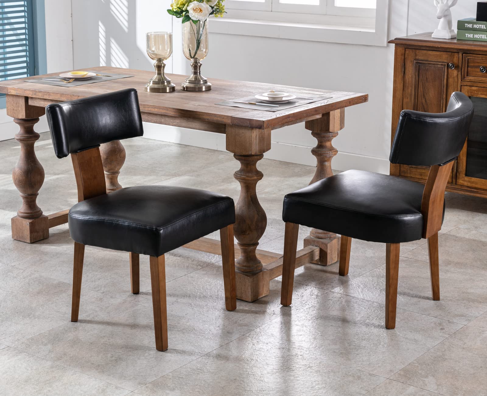 EALSON Mid Century Modern Dining Chairs Set of 2 - Genuine Leather Upholstered Kitchen Chairs with Solid Wood Legs & Curved Back - Farmhouse Style Accent Chairs for Dining Room, Living Room or Kitchen (Black) - Perfect for Home Decor, Dinner Parties and Cozy Family Gatherings
