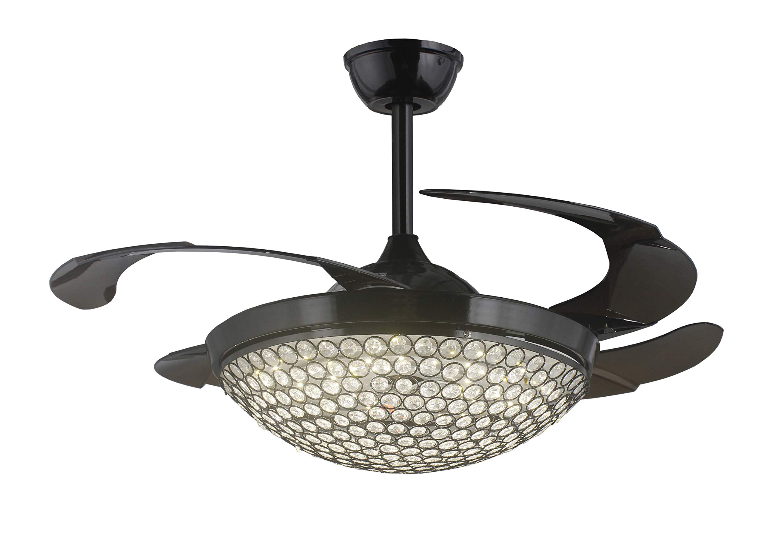 42 Inch Wide Retractable Ceiling Fan with Clear Acrylic Blades, LED Light Kit & Crystal Chandelier - Remote Control, Chrome Finish - Perfect for Living Room, Family Room, Bedroom (Black) - Modern Home Cooling & Lighting Solution