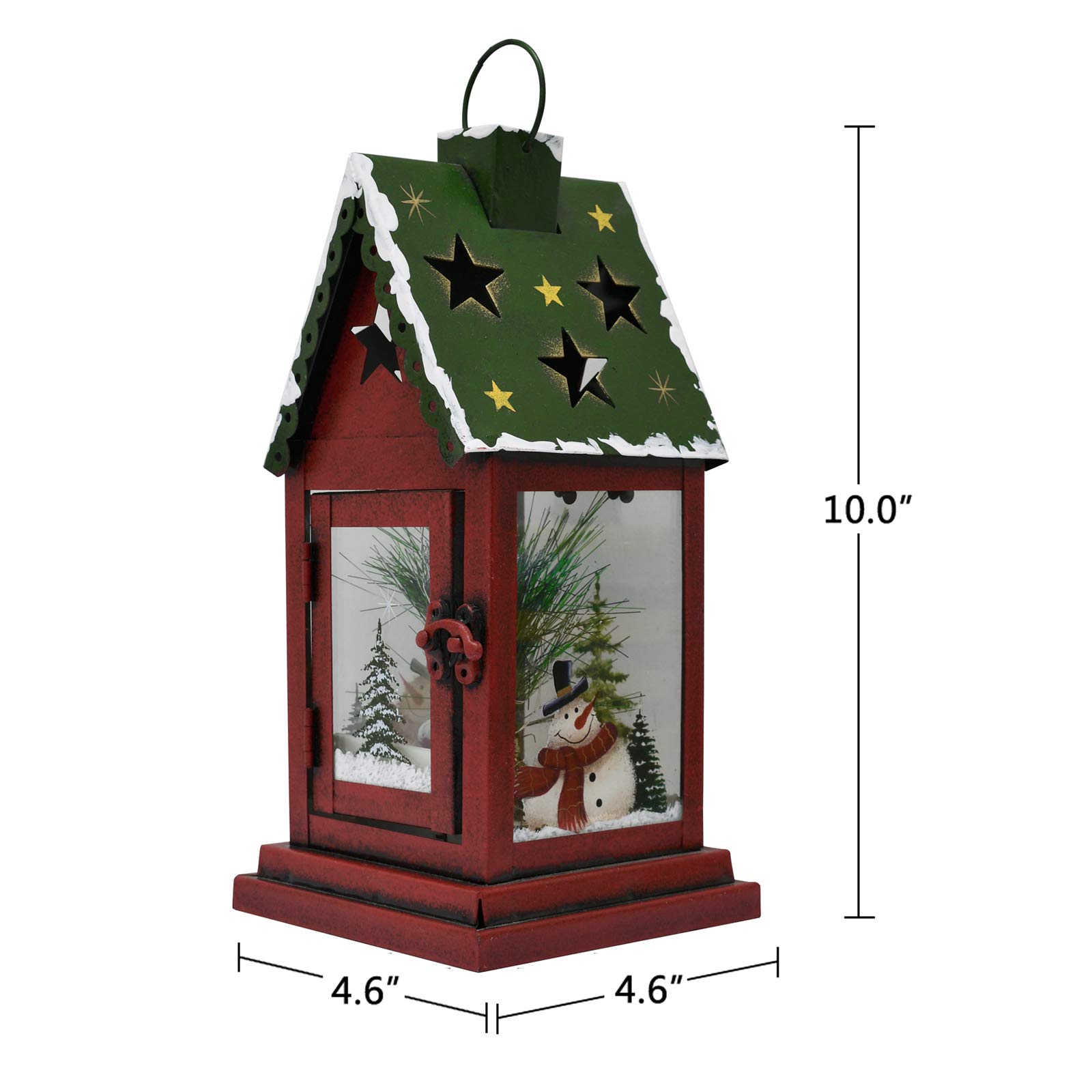 Rustic Metal LED Christmas Lantern Decor - Battery Operated Indoor/Outdoor Hanging & Tabletop Holiday Decorations (10x4.6x4.6 Inches, Green) | Perfect for Fireplace Mantel, Porch, Patio, Garden & Christmas Table Centerpiece
