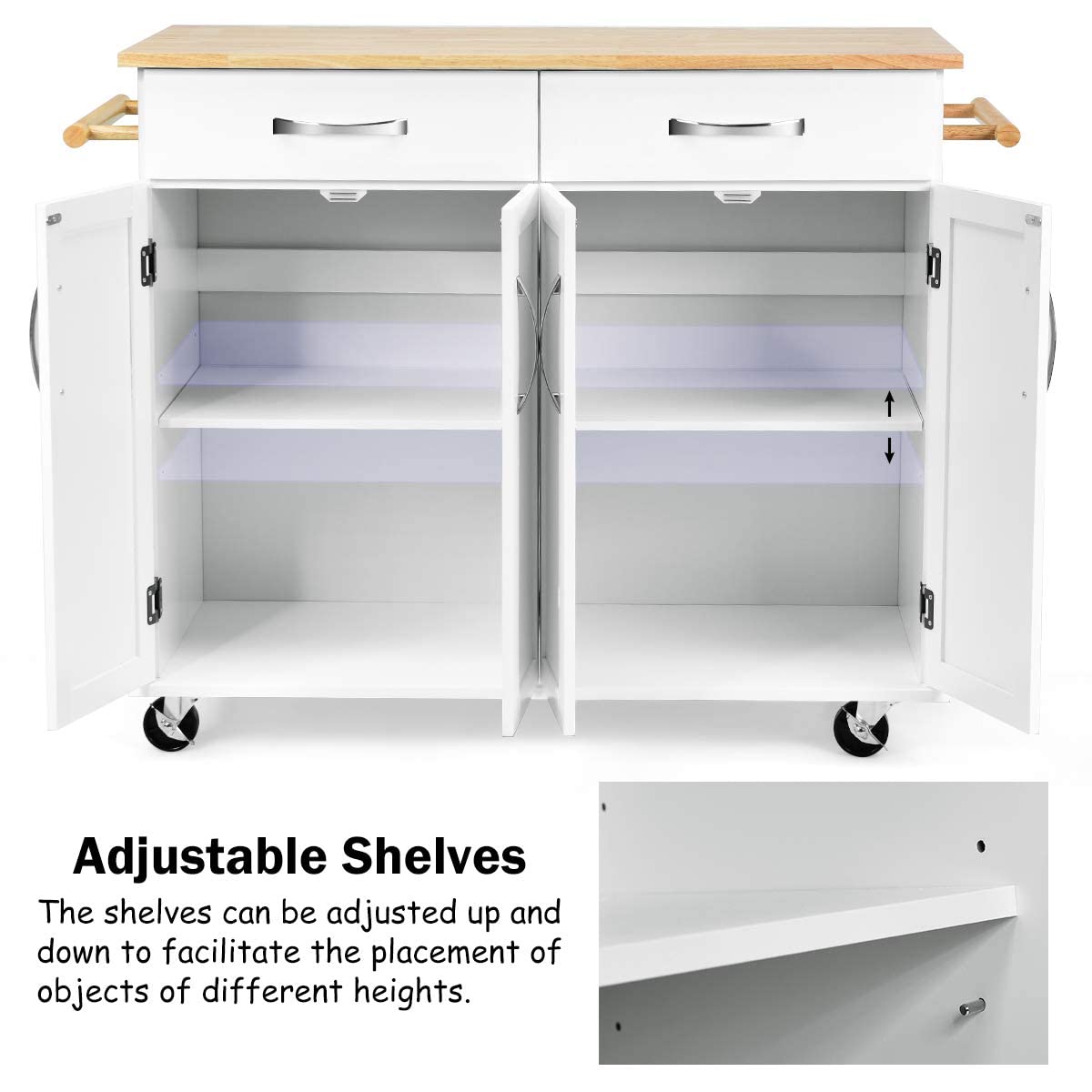 Casart White Kitchen Island Cart with Wood Top, 2 Drawers & Cabinets, Lockable Wheels - Mobile Kitchen Storage for Small Spaces, Dining Room, or Pantry Organization