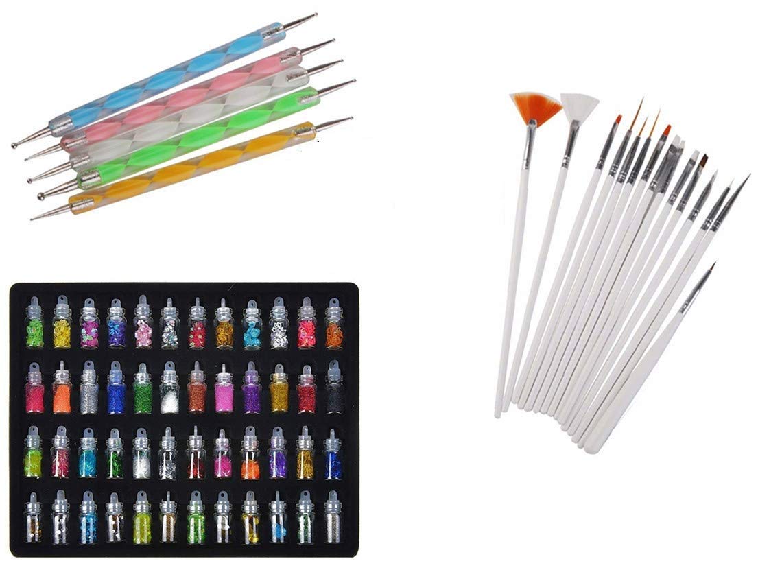 FOK 48 Colors 3D Nail Art Gel Polish Set with 5Pc Double-Sided Dotting Pens & 15Pc Nail Art Brushes - 68Pc Professional Manicure Kit for Salon, Home DIY Nail Designs & Acrylic Nail Art