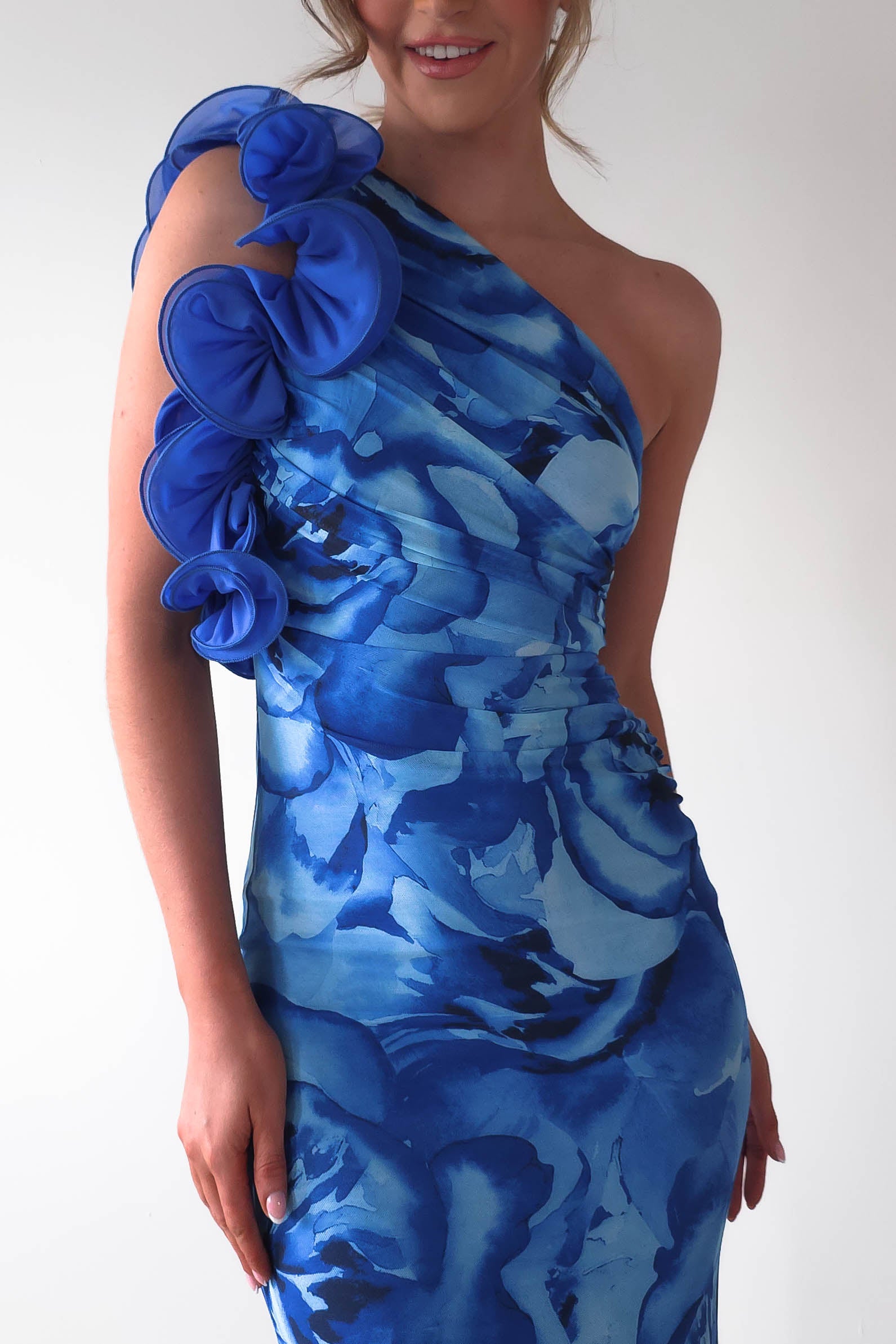 Genie Ruffle Printed Maxi Dress for Women - Flowy Blue Boho Beach Dress | Perfect for Summer Vacations, Beach Weddings & Boho Fashion