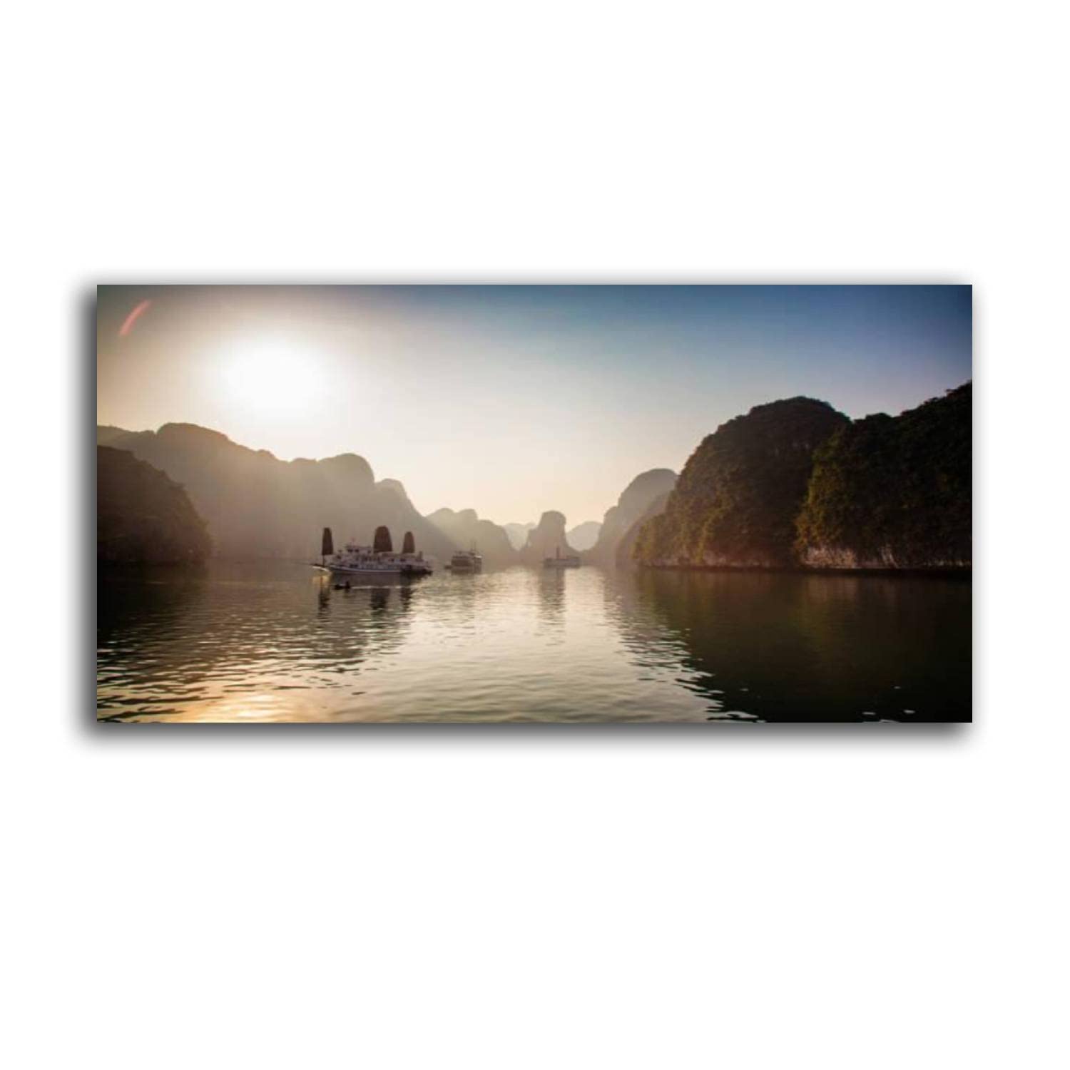Nature Canvas Wall Art - Misty Dawn Halong Bay Vietnam Panoramic Landscape Painting | Ready to Hang Home Decor for Living Room & Bedroom | Perfect for Modern Interior Design & Office Wall Decor