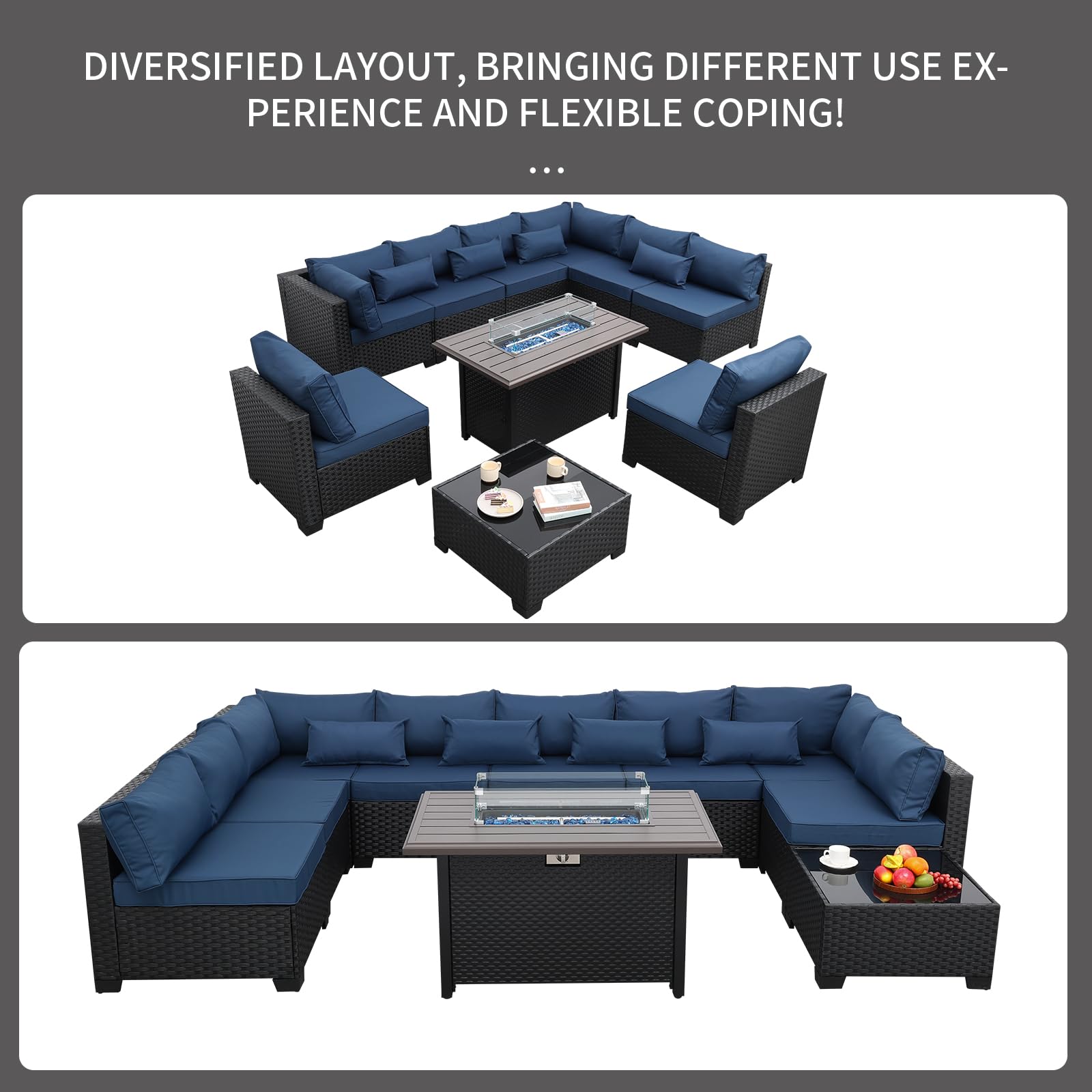 Rattaner 10-Piece All-Weather Wicker Patio Furniture Set with Steel Fire Pit Table, Glass Coffee Table & Non-Slip Cushions - Navy Blue Outdoor Sectional Sofa for Backyard, Poolside & Garden Relaxation