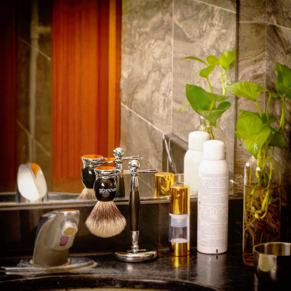 Premium Silvertip Badger Hair Shaving Brush & Stand Set - Black Resin Alloy Handle with Stainless Steel Razor Stand - Perfect for Double Edge Safety Razor & Straight Razor Shaving - Ideal Gift for Men's Grooming Routine