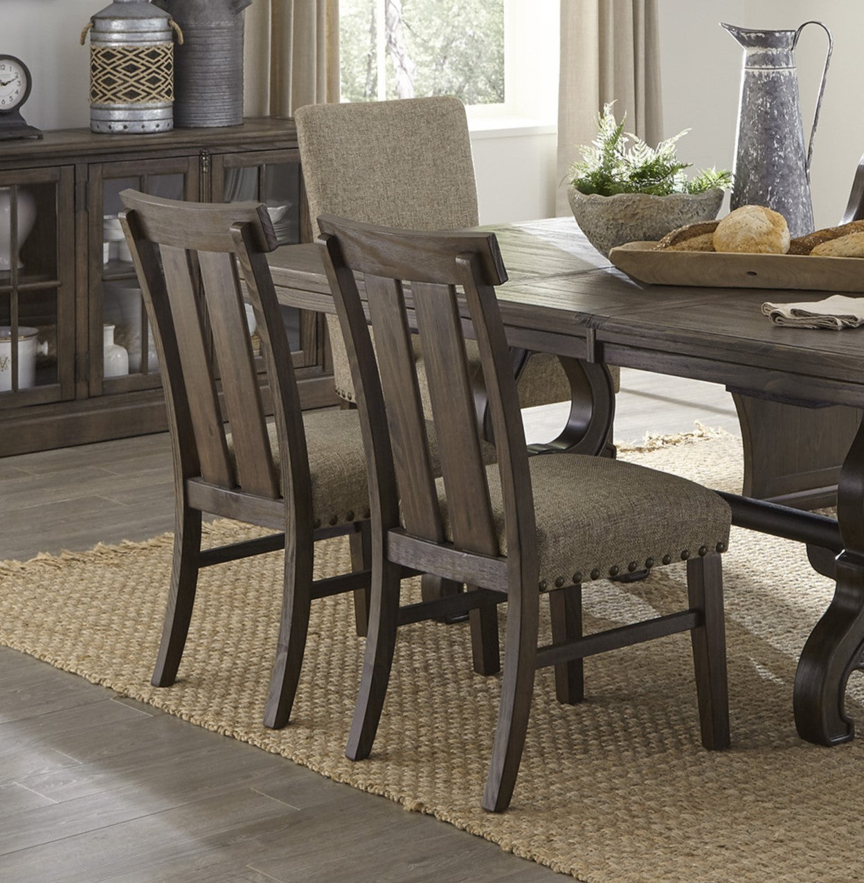 Set of 2 Classic Brown Upholstered Dining Chairs with Nailhead Trim - Solid Wood Kitchen & Dining Room Furniture for Home, Restaurant, and Office Use