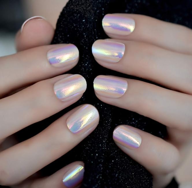 Iridescent Glitter Press On Nails - Short Round Fake Nails with Mirror Finish | Full Cover Acrylic Nail Tips for Manicure | Perfect for Students, Office Ladies & Salon Use | Great for Parties, Weddings & Daily Wear