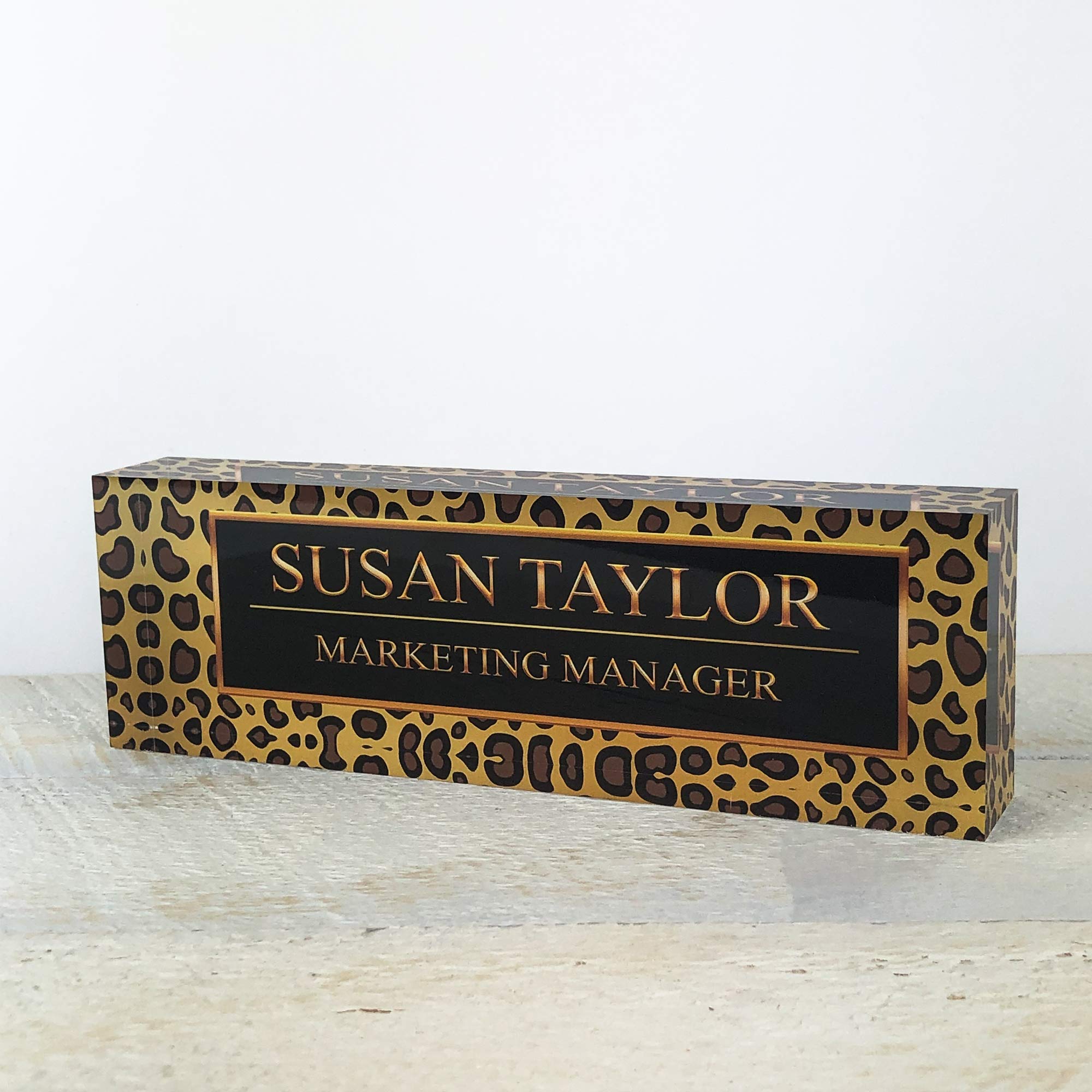 Personalized Acrylic Office Desk Name Plate - Custom Engraved Nameplate for Desks | Black Leopard Design (8