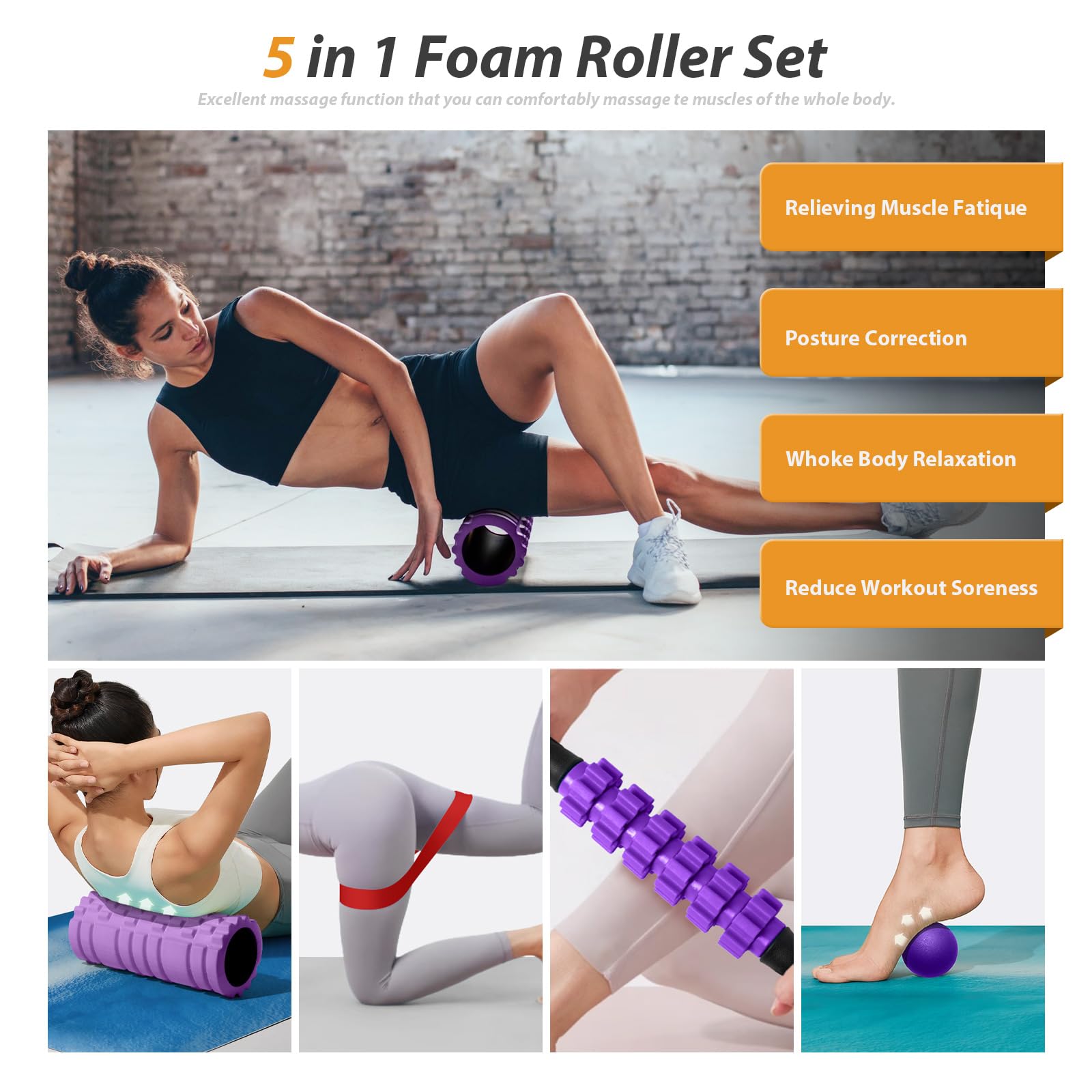 5-in-1 Foam Roller Set for Deep Tissue Massage & Muscle Recovery - Trigger Point Therapy, Exercise Foam Roller, Massage Ball & Stretching Strap - Full Body Workout & Pain Relief (Purple) - Perfect for Gym, Yoga, Physical Therapy & Home Fitness