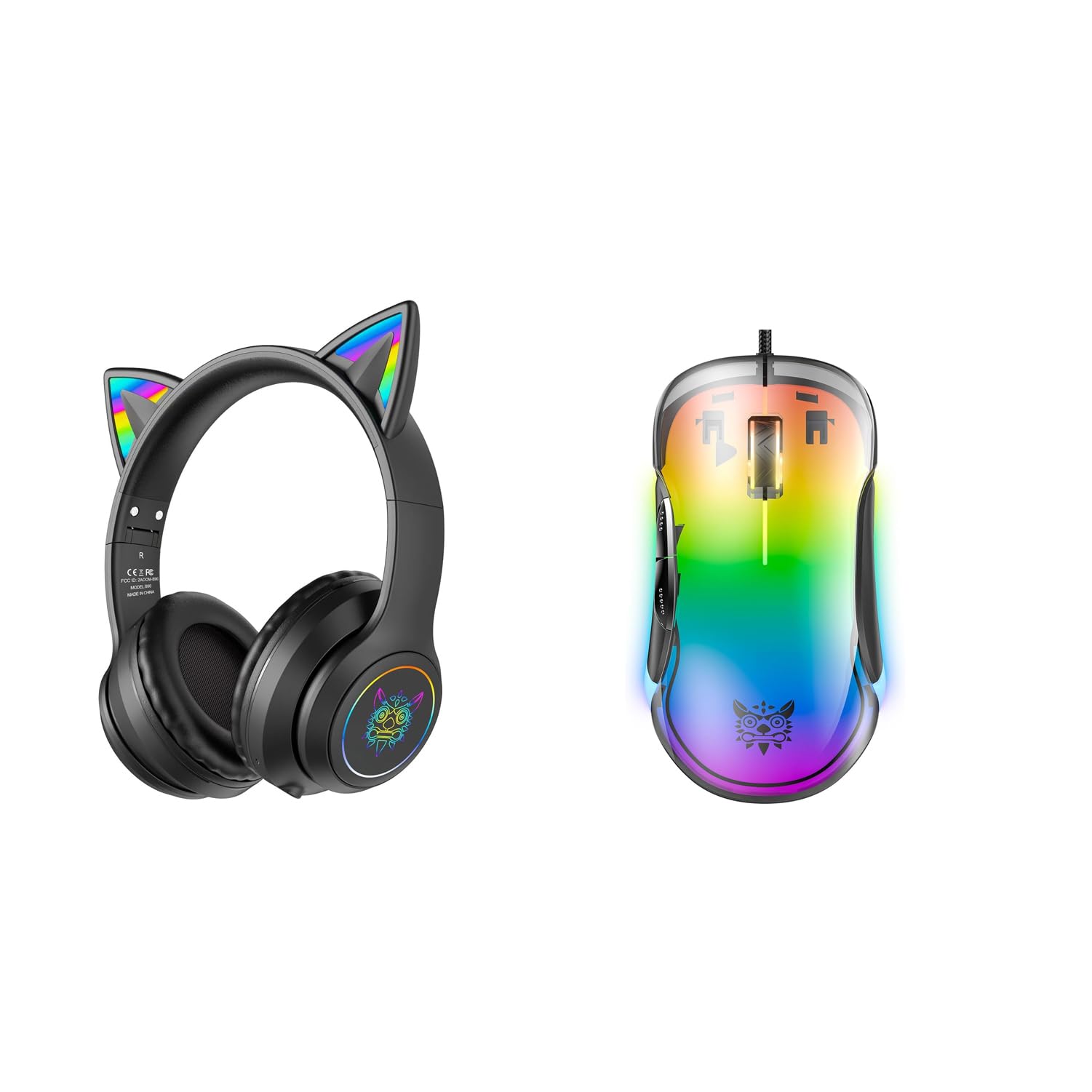 Wireless Bluetooth Cat Ear Headphones with RGB Lights & Wired Gaming Mouse Combo - Perfect for Gaming, Streaming, and Cosplay