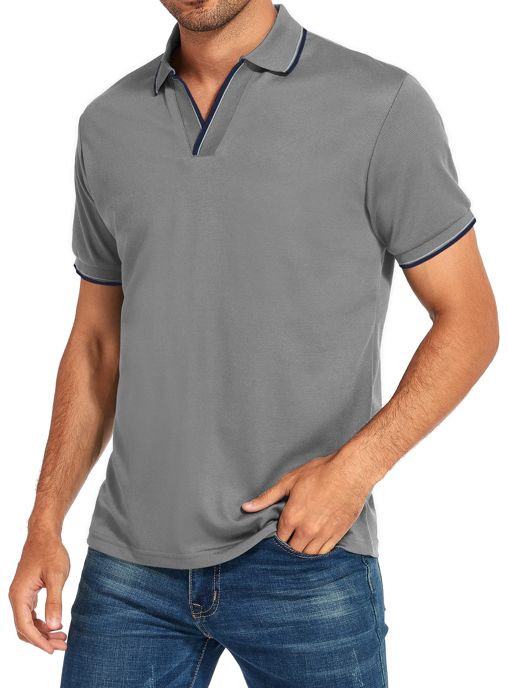 HAUSEIN Men's Short Sleeve Polo Shirts - Breathable Casual V-Neck Tops for Golf, Sports & Summer Wear | Lightweight & Comfortable for Outdoor Activities