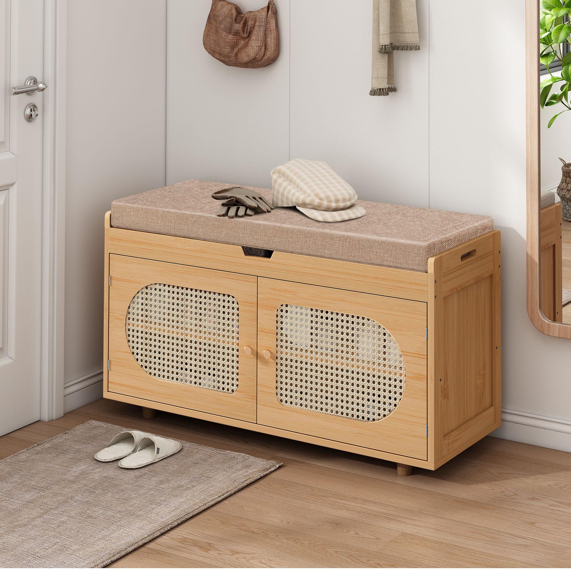 Rattan Shoe Storage Bench - Entryway Organizer with Bamboo Shoe Cabinet, Brown | Space-Saving Shoe Rack for Hallway, Bedroom & Mudroom Organization