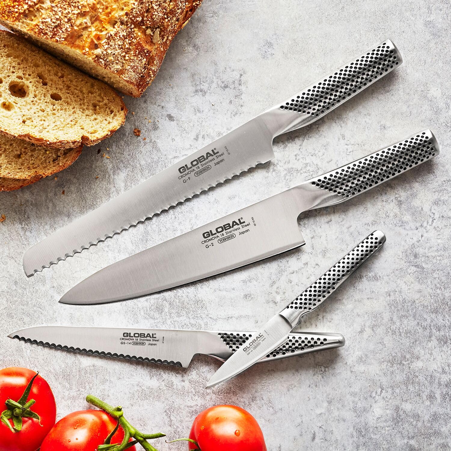 Premium Global 4-Piece Stainless Steel Knife Set - Chef Knife, Paring Knife, Utility Knife, Bread Knife - Perfect for Home Cooking, Professional Chefs & Kitchen Enthusiasts