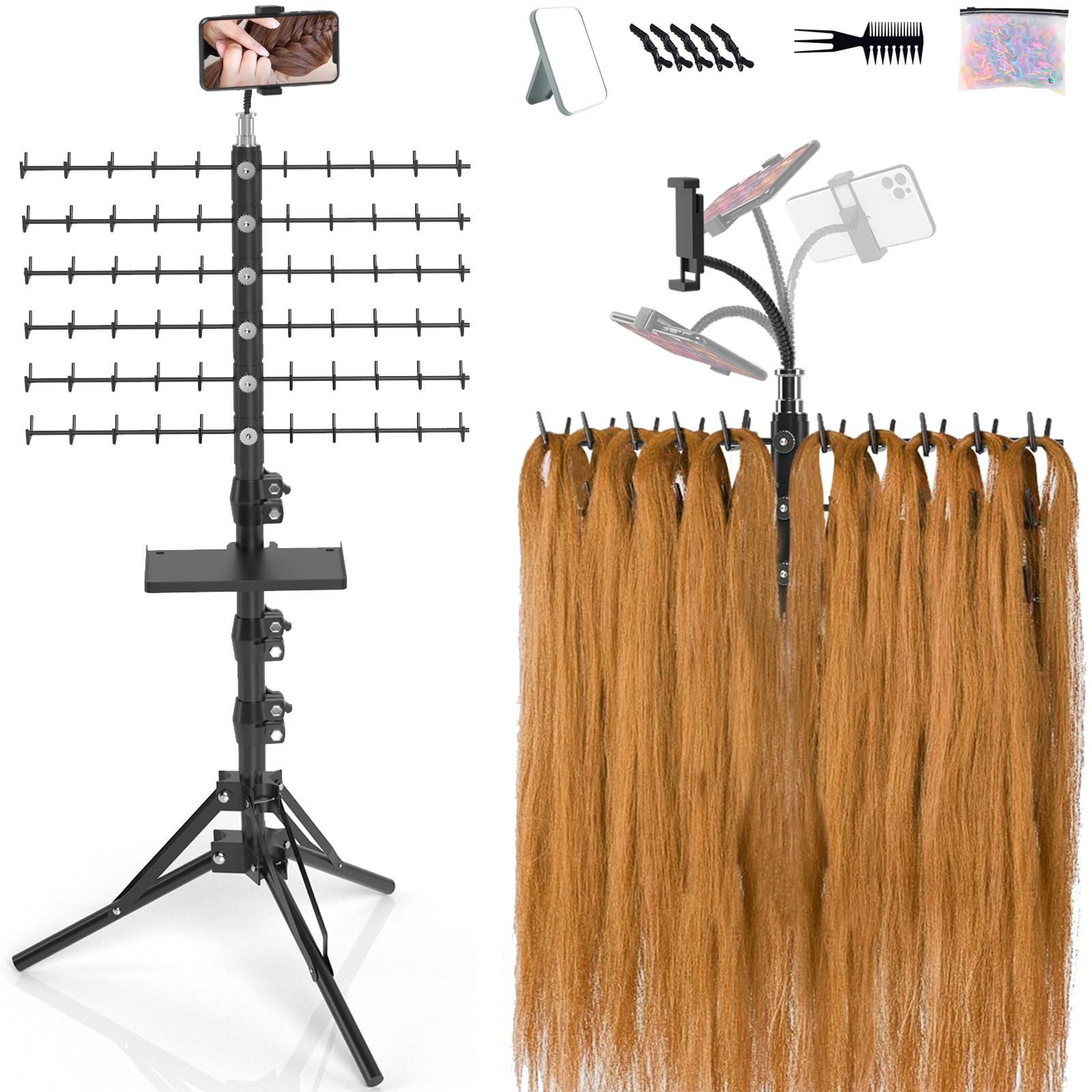 Adjustable Hair Braiding Stand with 120 Pegs & Phone Holder - Salon Tripod for Stylists, Sewing Organization & Display - Perfect for Home Salons, Professional Styling & Craft Workshops