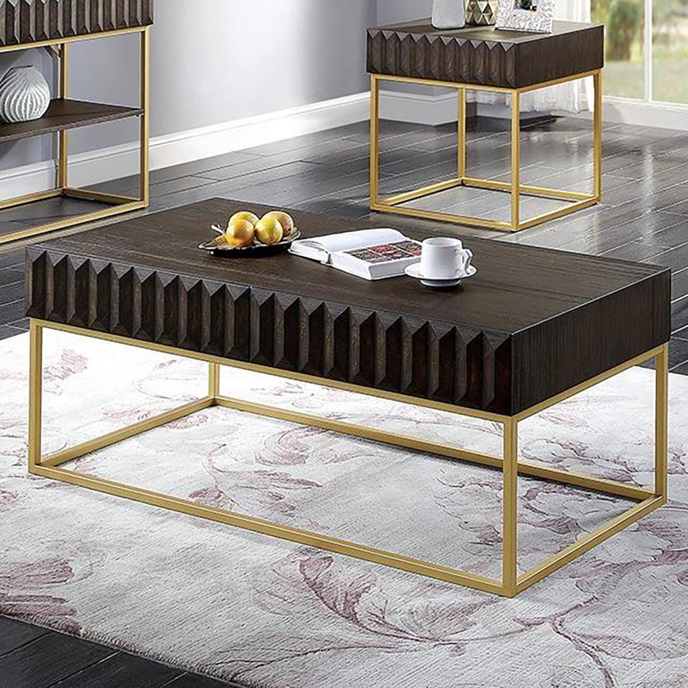 Walnut & Gold Textured Coffee Table with Hidden Drawers - Modern Living Room Furniture for Small Spaces & Home Decor