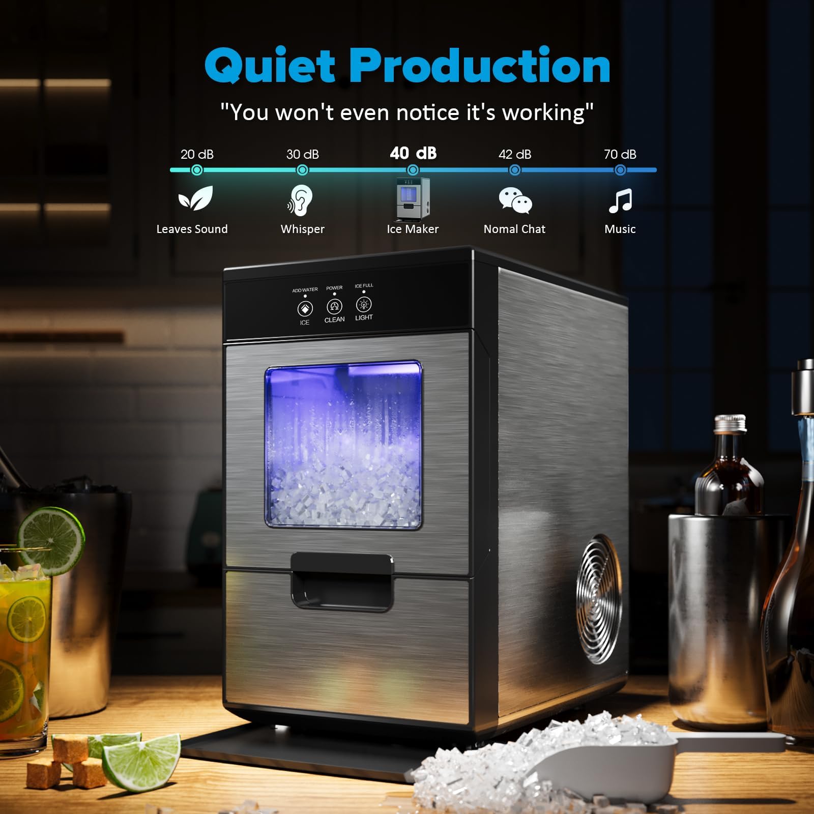 44Lbs Countertop Nugget Ice Maker - Stainless Steel Pebble Ice Machine with Ice Scoop & Removable Basket | Perfect for Home, Office, Parties & Cocktails