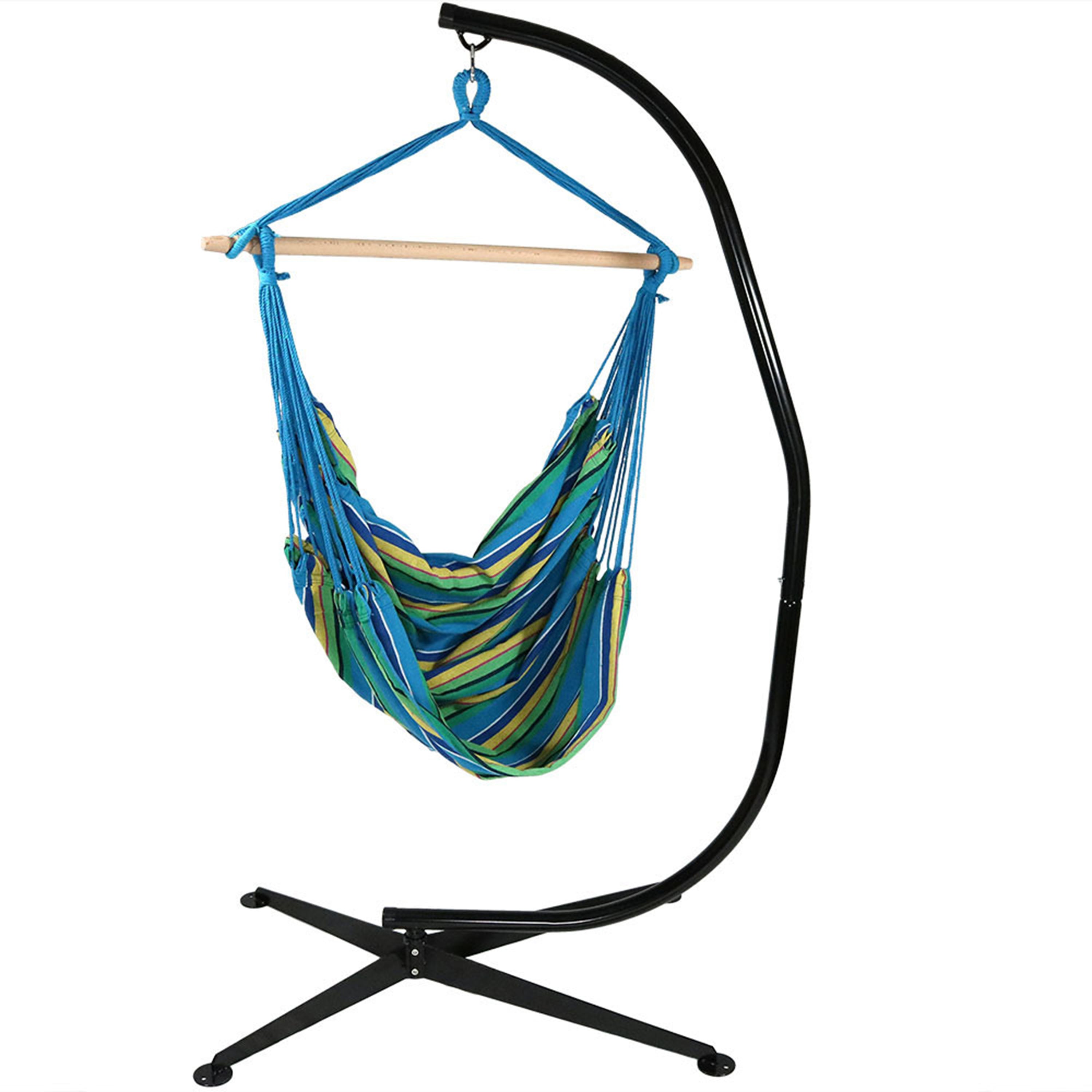 Sunnydaze Extra Large Outdoor Hanging Rope Hammock Chair Swing with C Stand - Ocean Breeze - Perfect for Backyard, Patio, Garden Relaxation & Reading Nook