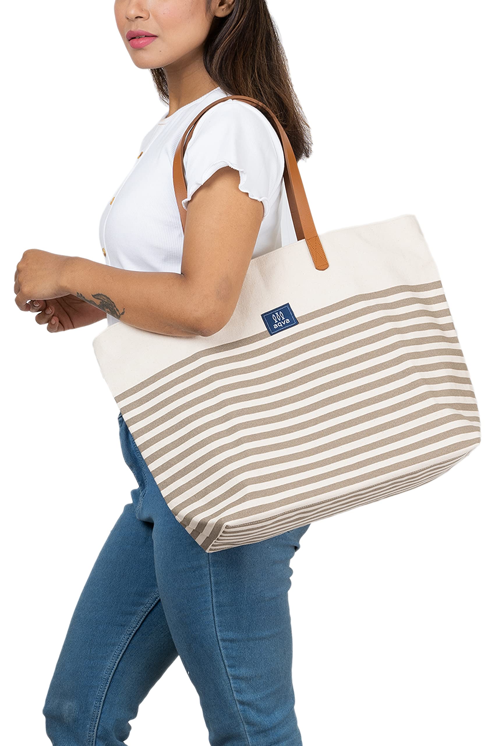 AQVA Canvas Tote Bag for Women & Men - Durable Shoulder Bag with Zip Pocket - Perfect for Shopping, Travel & Work